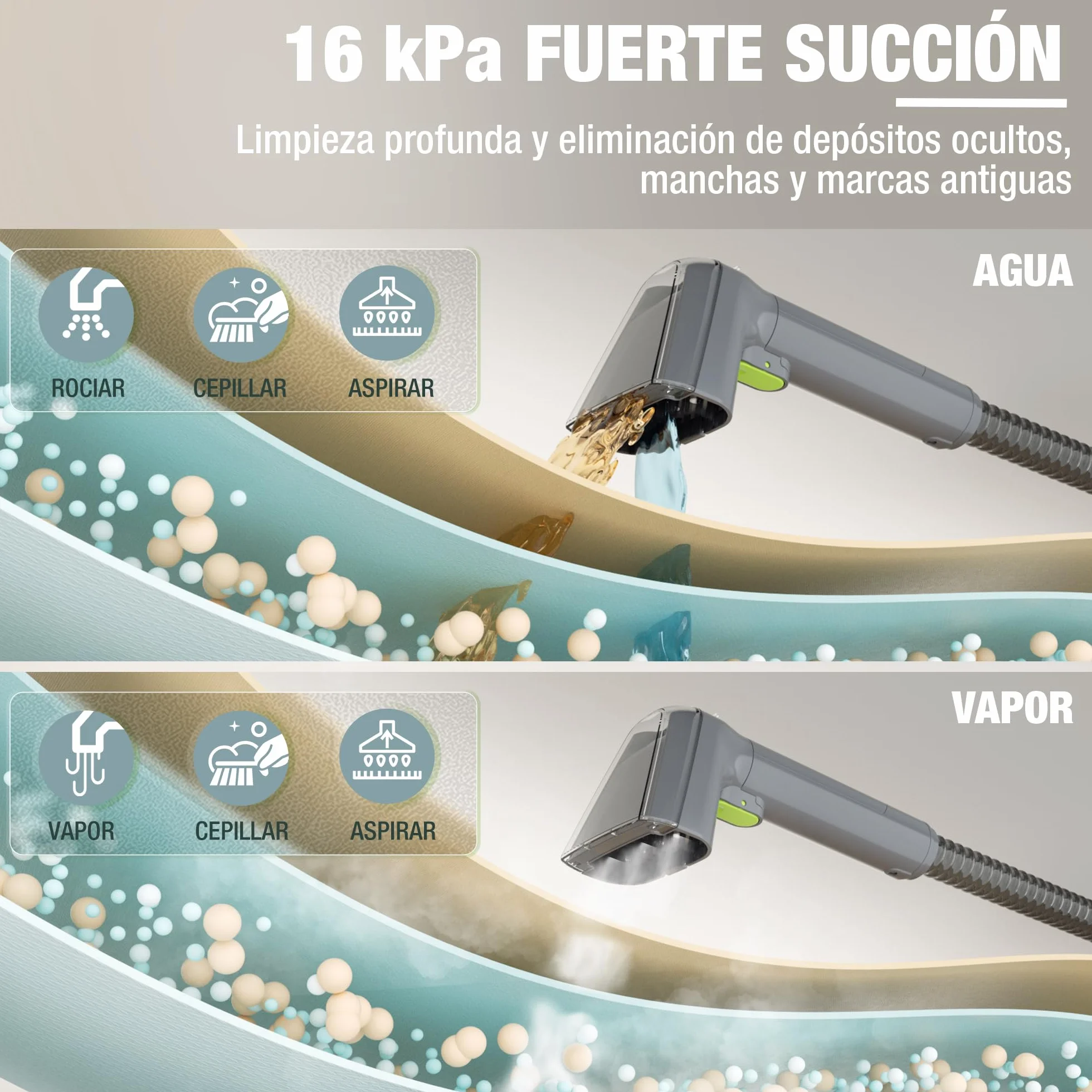 WORKPRO Limpiador de Tapicerías y Alfombras a Vapor con Aspirador 4 en 1, Potente Succión 16 kPa, Accesorios para Suciedad de Mascotas, Sofás, Colchones, Cortinas, Asientos de Coche