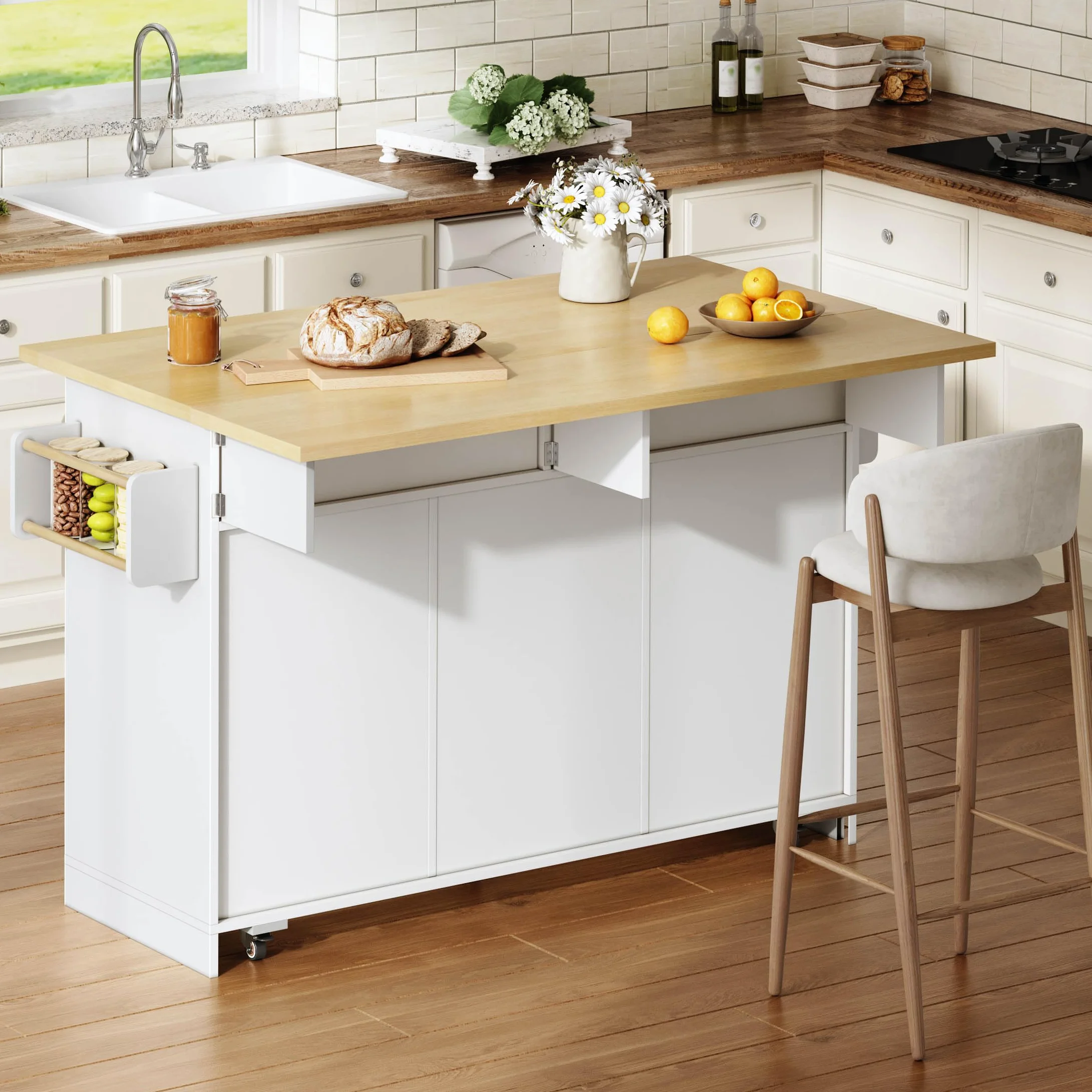 Isla Cocina con Ruedas y Encimera Plegable, Mueble Auxiliar de Cocina con 3 Cajones y 2 Puertas, Isla de Cocina con Estante para Condimentos y Toallero, 137x45-70x92 cm, Natural+Blanco