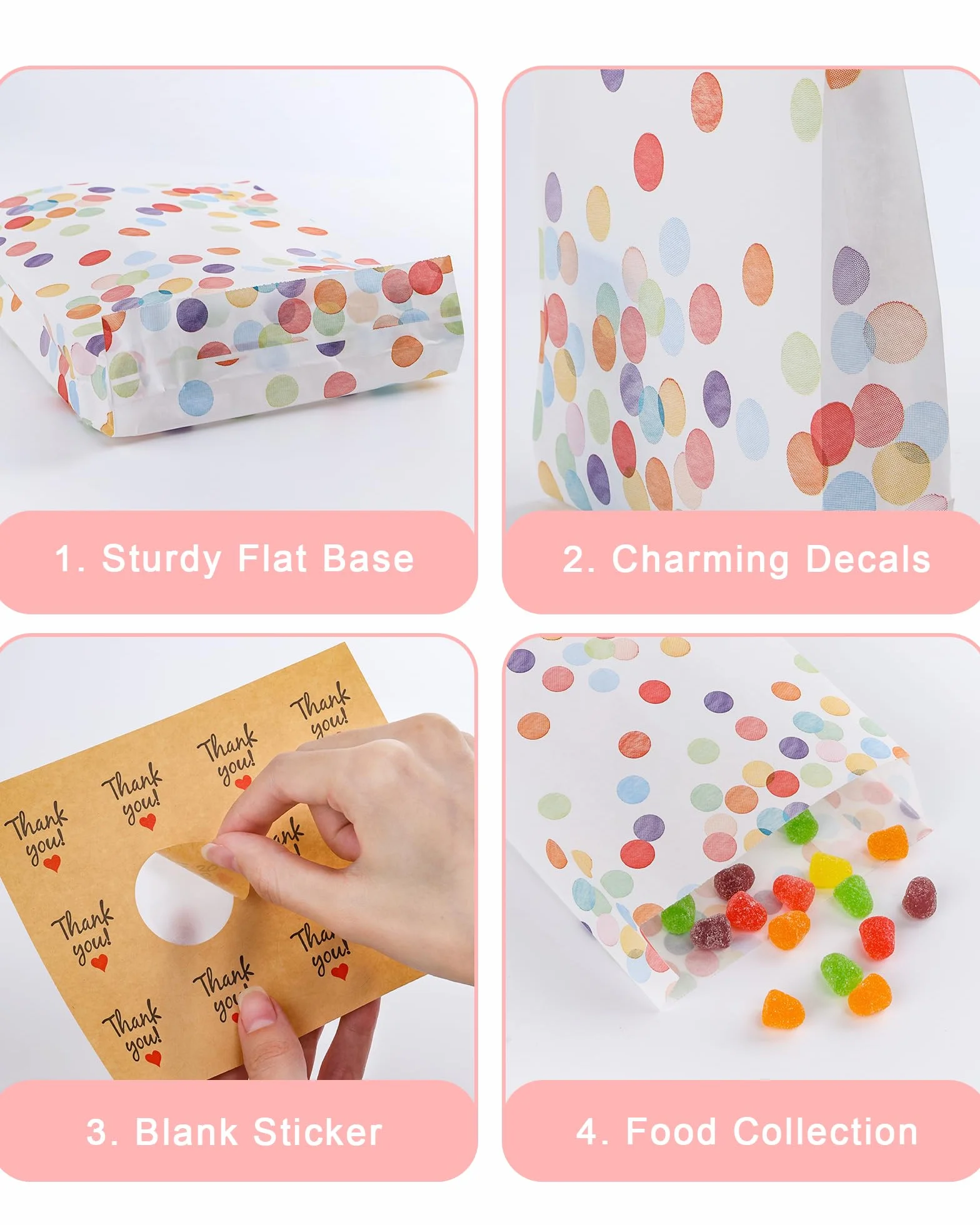 Acual Bolsas Chuches Cumpleaños 50 Pcs con 60 Pegatinas, Bolsitas Regalo Papel con Lunares, Resistente al Aceite para Candy Bar, Bodas, Picnics, Camping, Fiestas y Navidad (19x13x3cm)