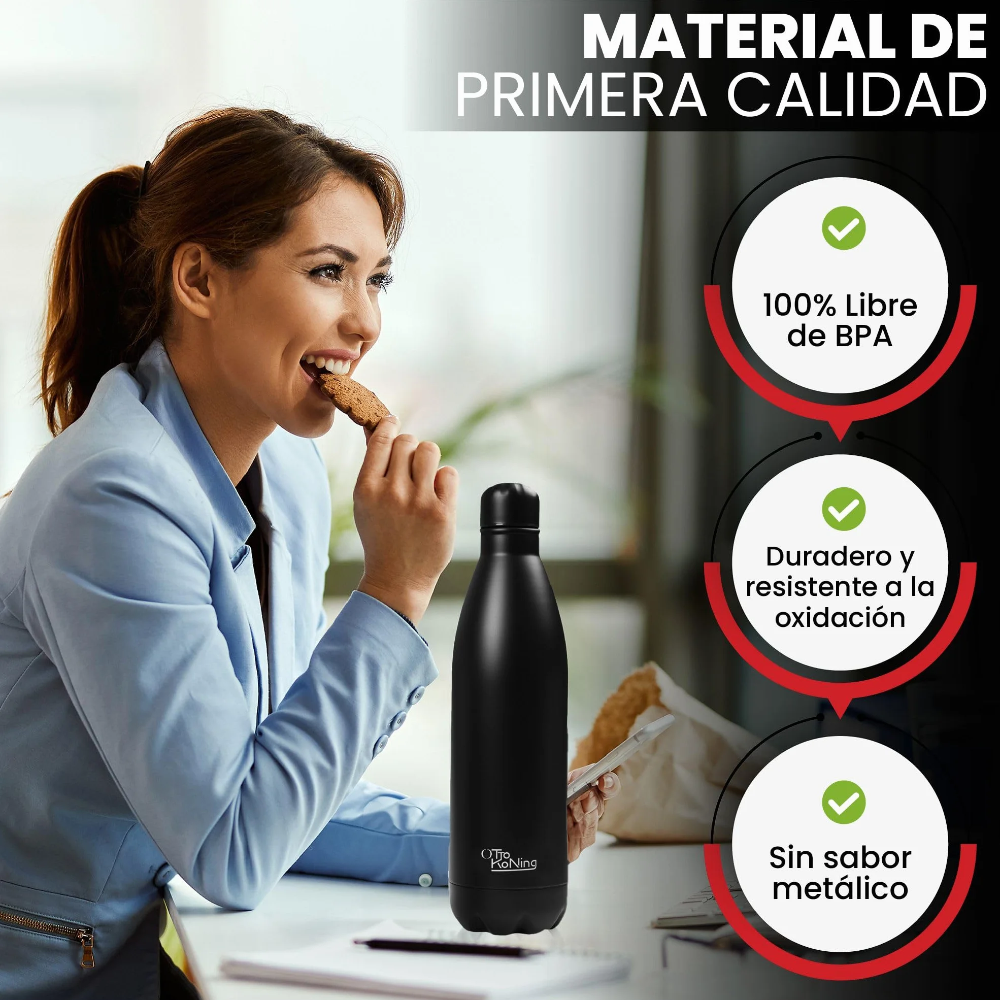 Otto Koning Botella Agua Acero Inoxidable 1 Litro Térmica Doble Aislamiento Vacío