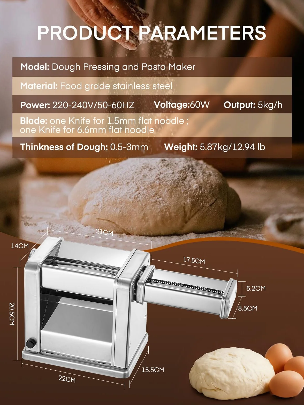 FOHERE Máquina de Pasta Fresca Eléctrica con 2 Cuchillas (1.5 mm/6.6 mm) y 7 Grosores Ajustables de 0.5-3 mm, Acero Inoxidable para Hacer Fideos Espaguetis Raviolis, Plata