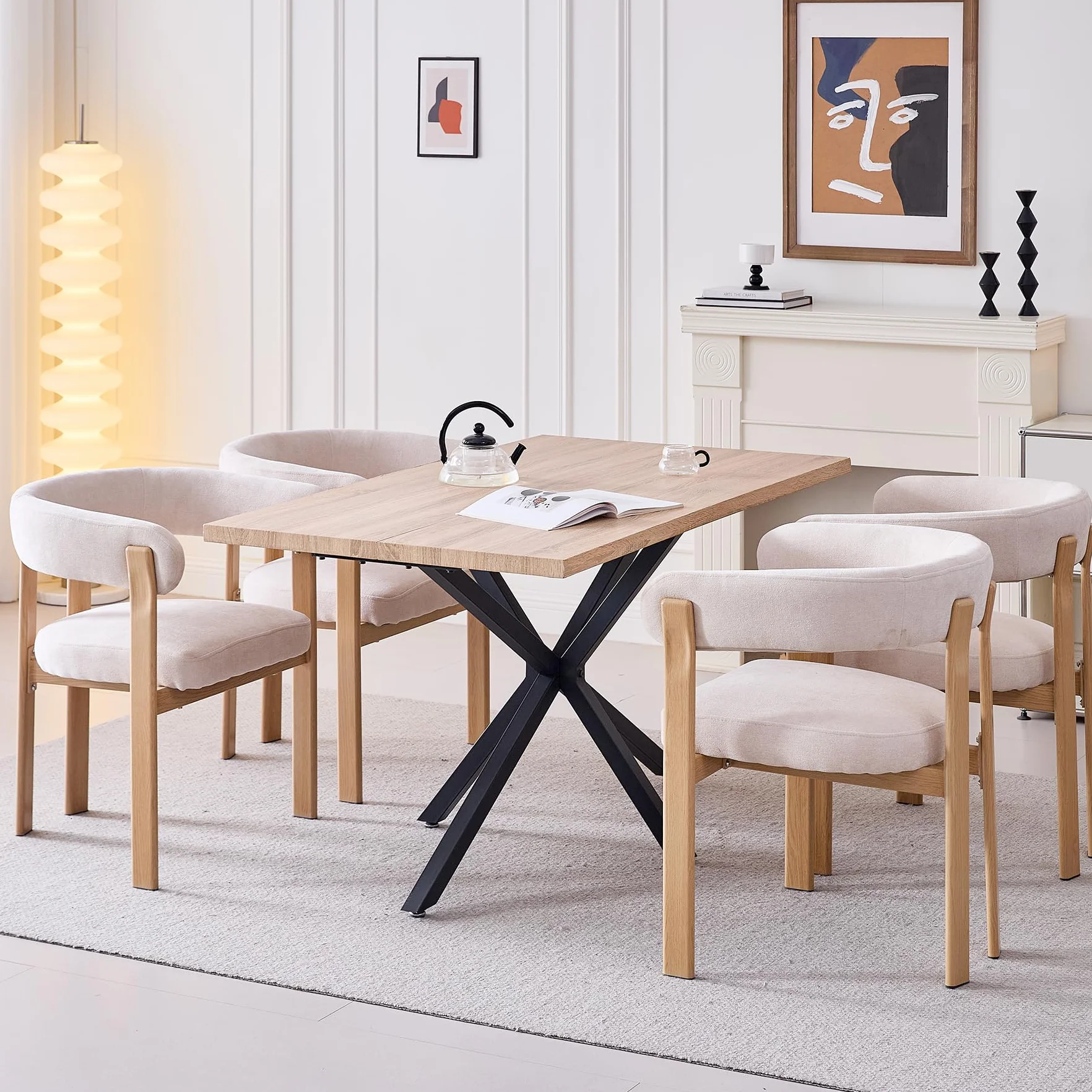 Juego de 4 sillas, sillón reclinable con Cojines de Tela,sillón de Estilo Medieval,Silla de Cocina,Patas de Metal,Apto para Dormitorio,Sala de Estar,Comedor - Beige