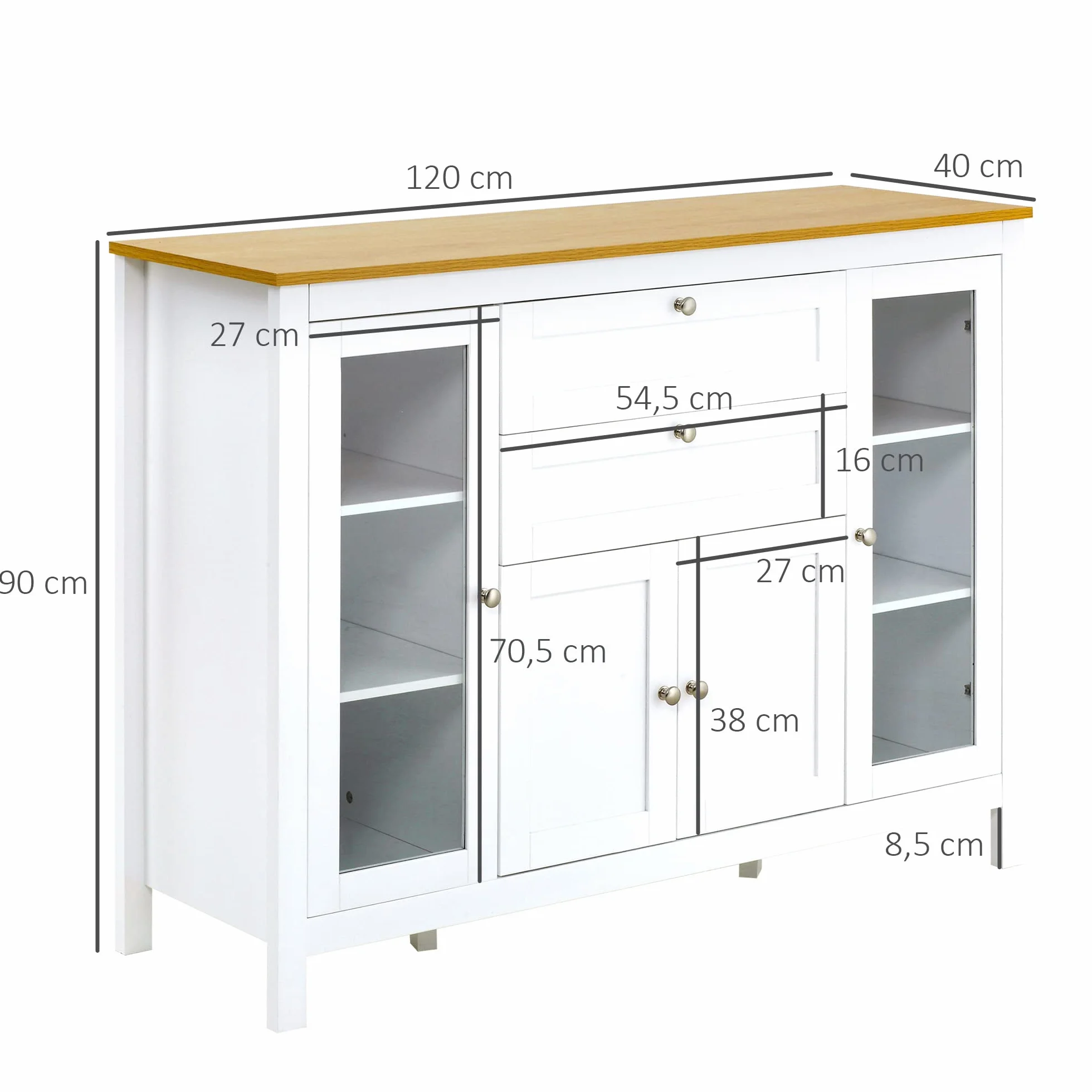 HOMCOM Aparador de Cocina con Armario 2 Cajones 2 Puertas de Vidrio y Estantes Ajustables Muebles Auxiliar de Almacenaje para Comedor Salón 120x40x90 cm Blanco