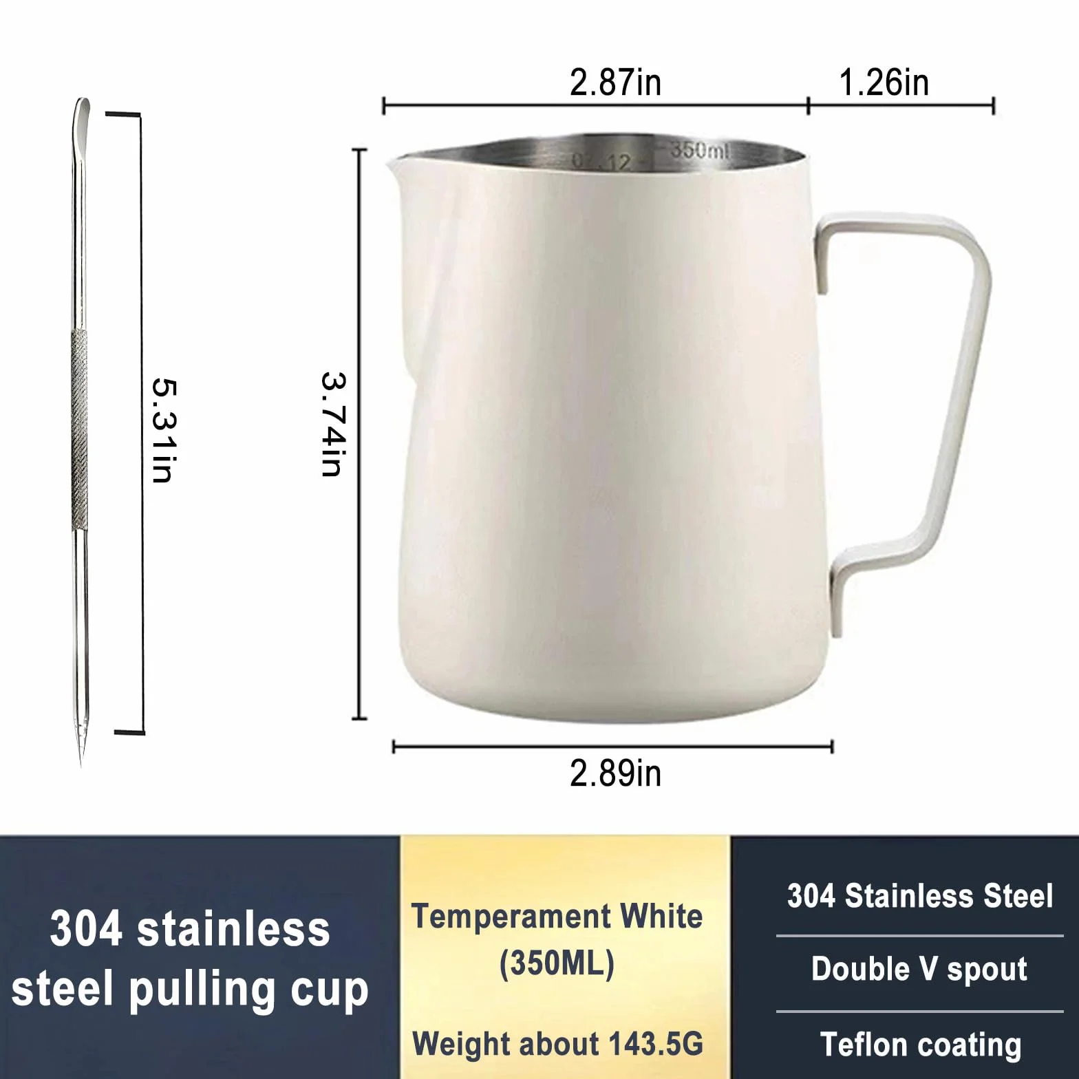 Jarra de Leche Acero Inoxidable,Tianher 350ml Jarra Leche Cafetera Barista Taza de Espumador con Marca de Medición y Lápiz Artístico para de Café de Mano y Latte Art Capuchino (beige)