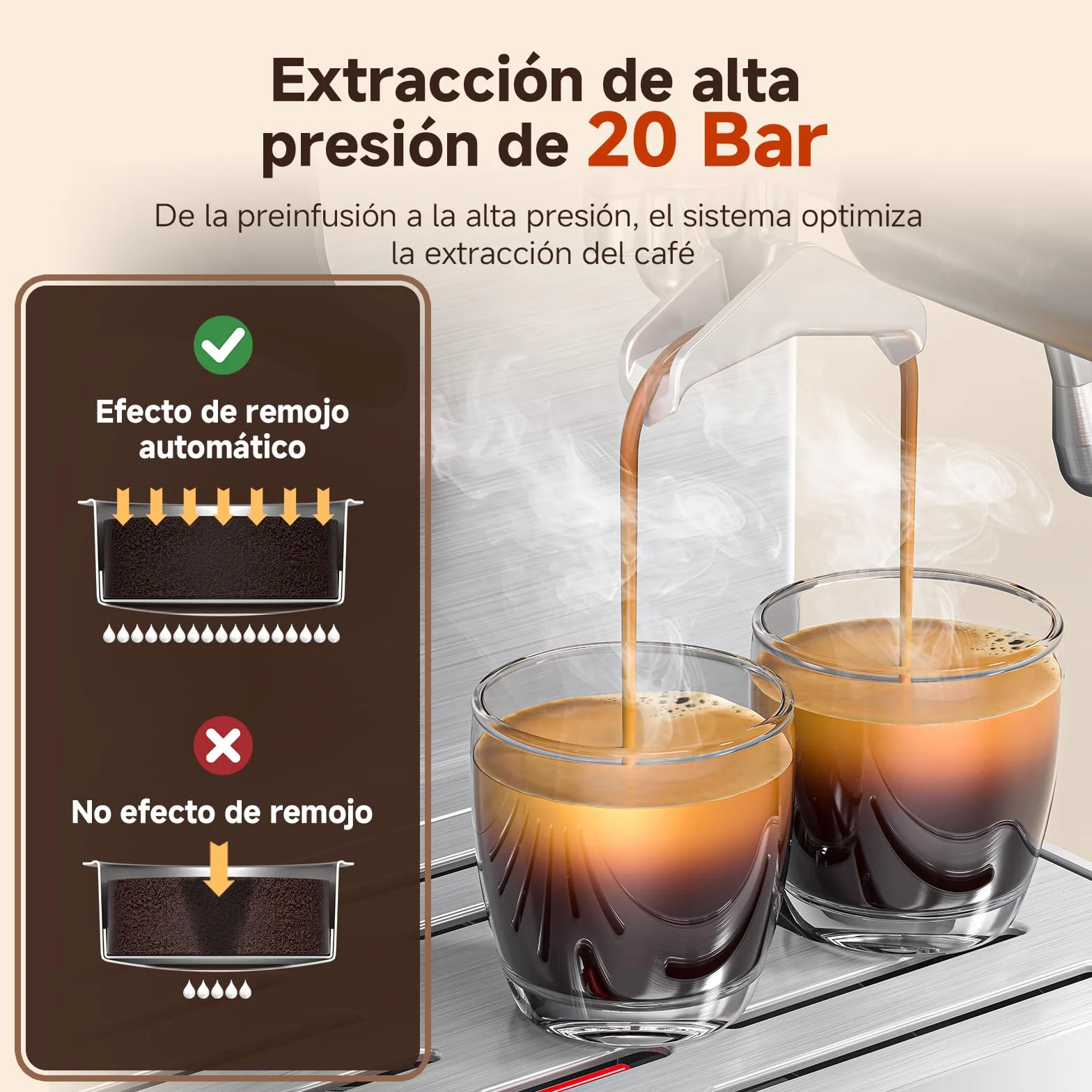 AMZCHEF Cafetera Espresso con Molinillo Integrado 20 Bares – Máquina de Café con 44 Ajustes de Molienda，Vaporizador de Leche, 4 Temperaturas, Función Café Frío, Acero Inoxidable, Depósito 1.8L