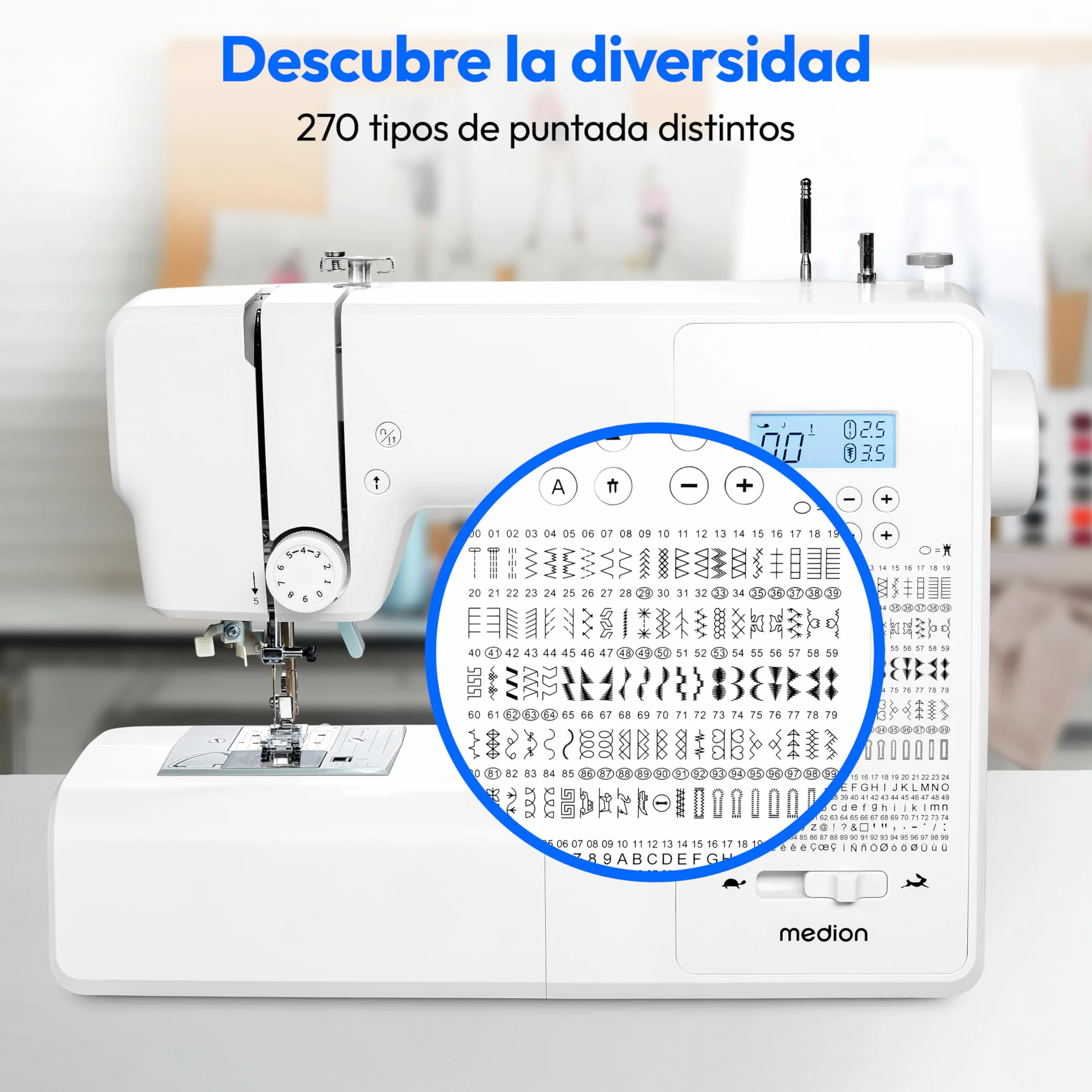 Máquina de coser digital MEDION SD36 (36 vatios, longitud y anchura de puntada ajustables, 270 patrones de puntada, luz de costura LED, enhebrador automático, botón de marcha atrás, cortador de hilo