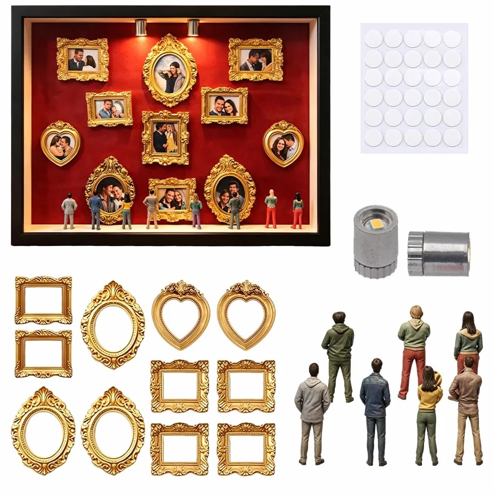Mini Museo Fotos, HOVCEH Museum of Us con 8 Figuras, Creativa DIY Mini Marcos de Fotos Vintage con Iluminación, Museo en Miniatura Regalo Ideal para Bodas, Parejas y Exposiciones Fotográficas