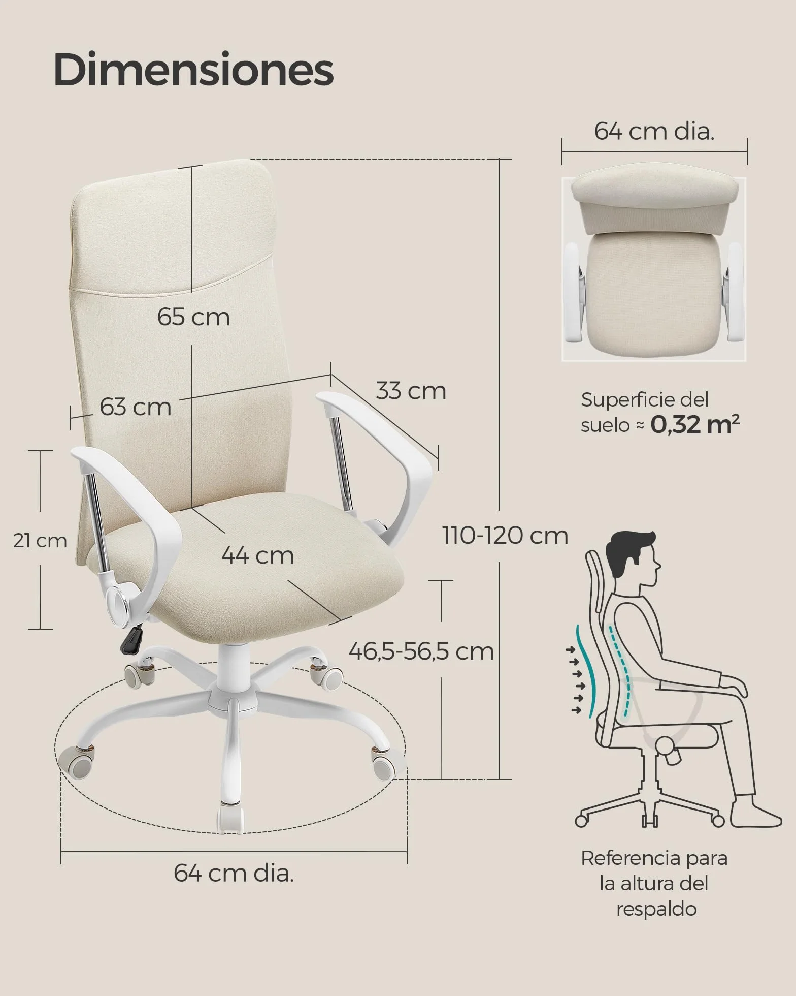 SONGMICS Silla de Oficina Ergonómica Giratoria Regulable Altura Inclinable 120 kg Beige Cappuccino