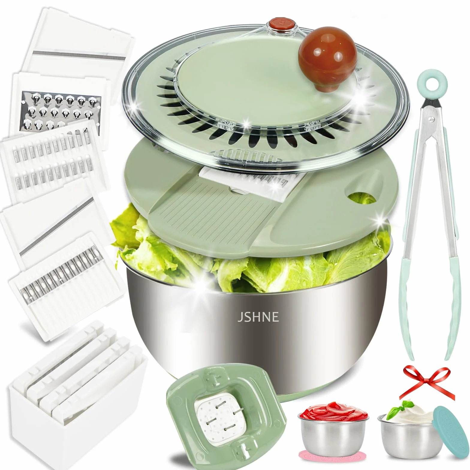 Centrifugador de ensalada de acero inoxidable con función de corte [5 accesorios diferentes] Centrifugador de ensalada por base antideslizante y accionamiento de manivela, separador de yemas, cuenco