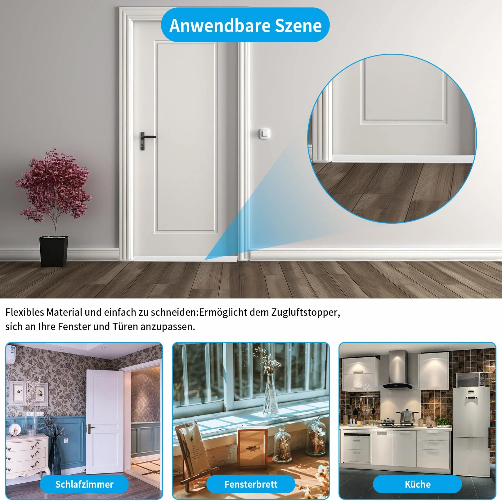 Burlete para Puerta 100cm, Autoadhesivo, Protector contra Corrientes de Aire y Polvo, Grosor 3,5-5,5cm, Hueco 0,3-2cm