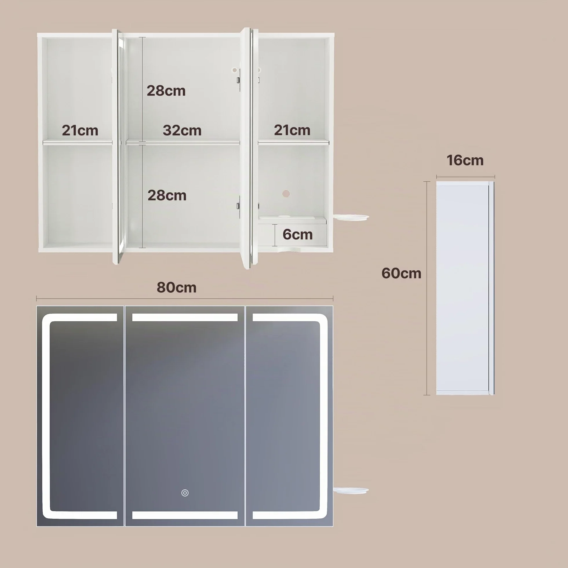 Armario Espejo Baño con Luz y Enchufe, 3 Puertas, Estantes Ajustables, 80x60x16 cm, Blanco