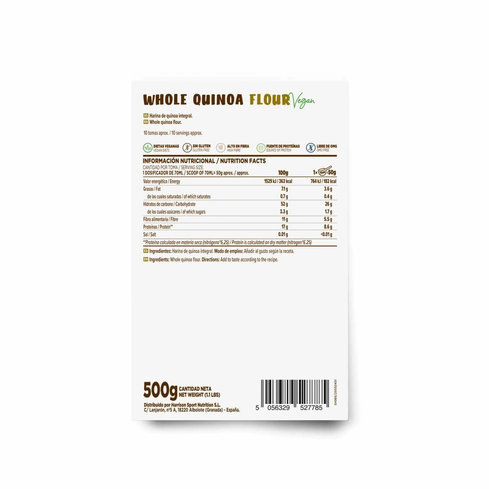 Harina de Quinoa Integral Sin Gluten 500 gramos Apta para Dietas Veganas 100% Whole Quinoa No-GMO