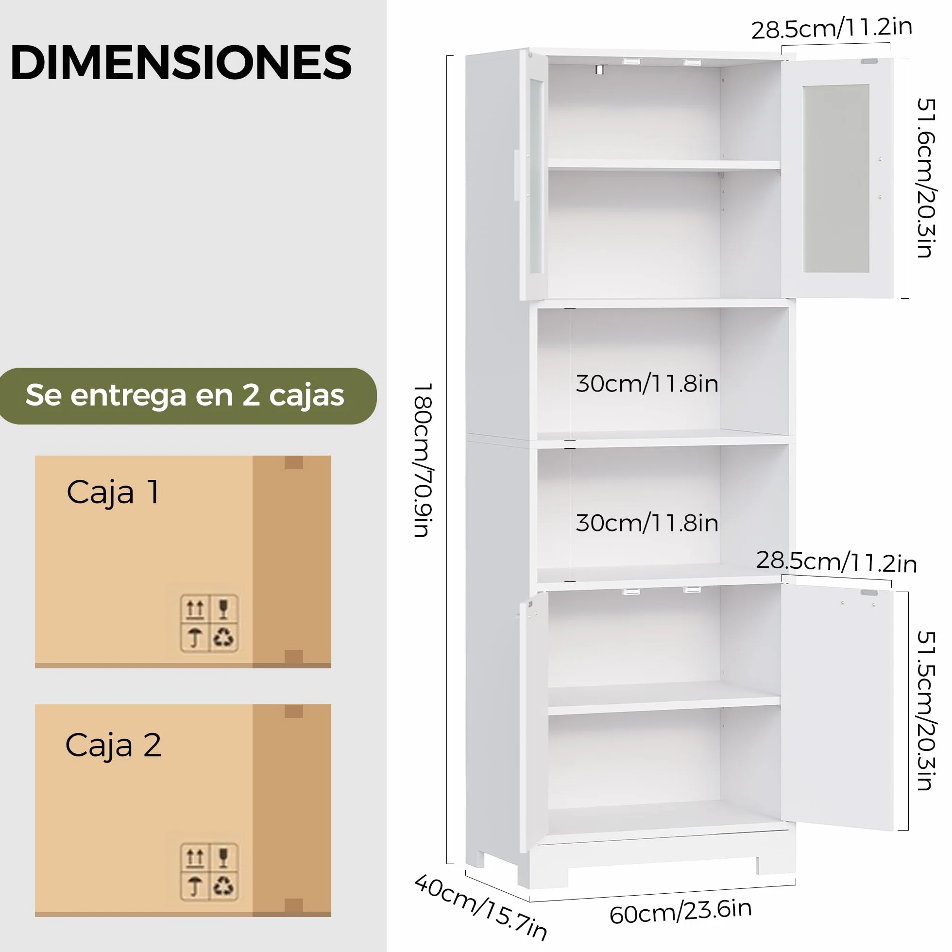 BEWISHOME Armario Alto de Baño 40x60x180 cm Blanco con 2 Estantes Ajustables