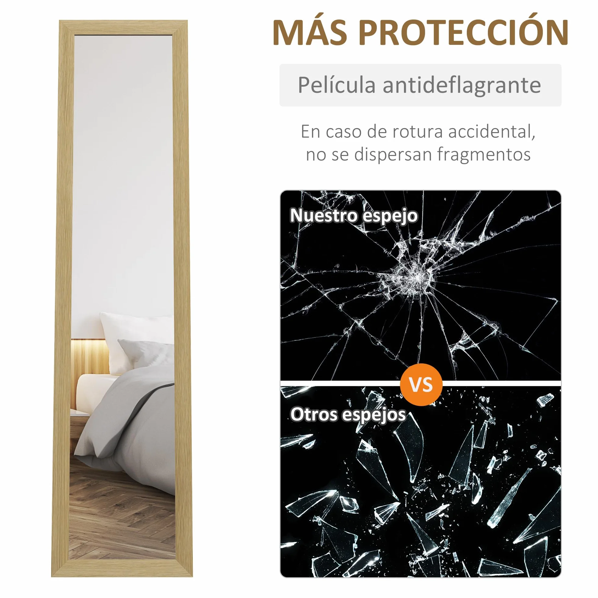 HOMCOM Espejo de Pie Cuerpo Entero 157x37 cm, Espejo de Cuerpo Entero con Soporte, 3 Formas de Uso, Independiente, Montaje Pared y Apoyado, para Salón, Entrada, Dormitorio, Roble