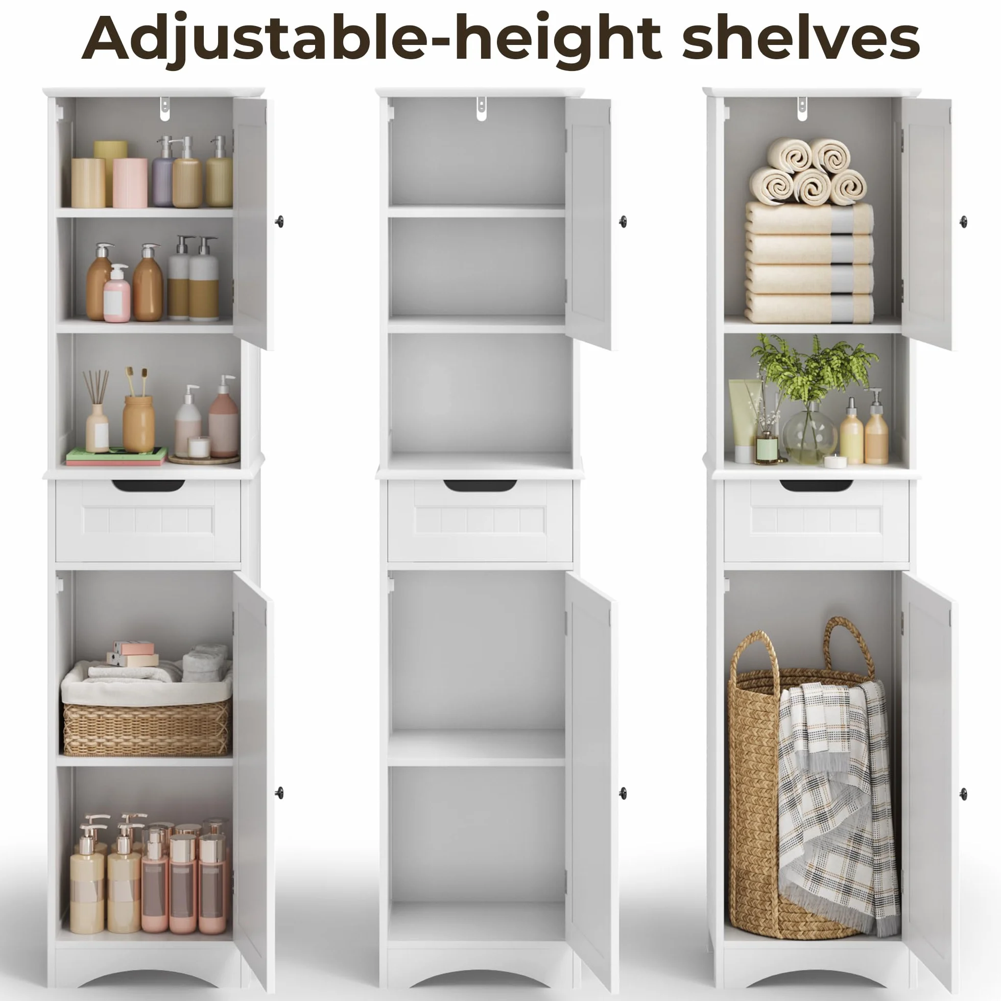 Mueble de Baño Alto 170cm Blanco 30x40cm con Cajón y Puertas Estante Antivuelco