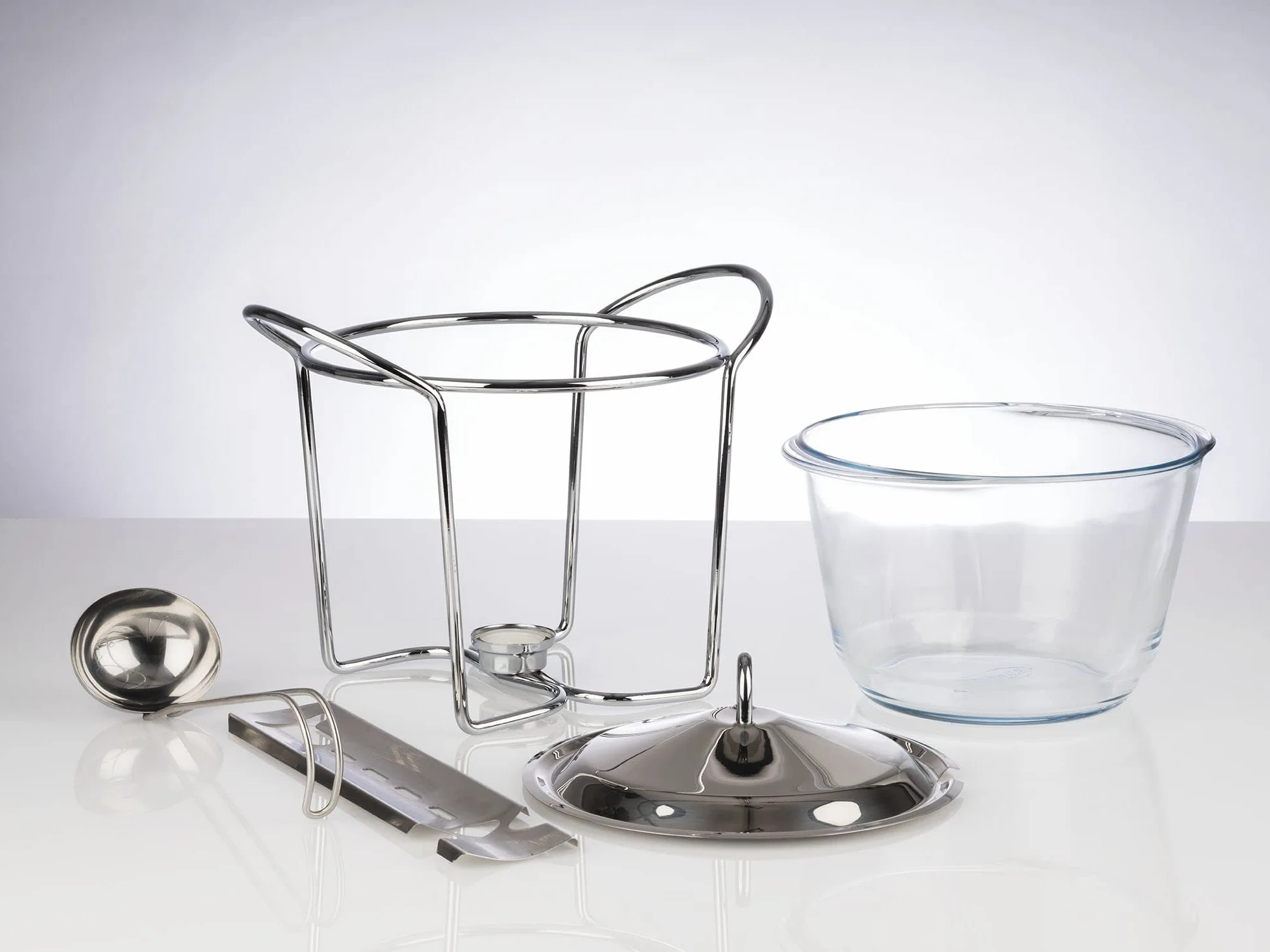 APS Feuerzangenbowle, Pinzas para el azúcar, Pinzas para el Fuego, ponchera, Recipiente de Cristal, Tapa de Acero Inoxidable, Muy Pulido, Calentador de Tetera, Cromado, cazo, para Aprox. 4 litros