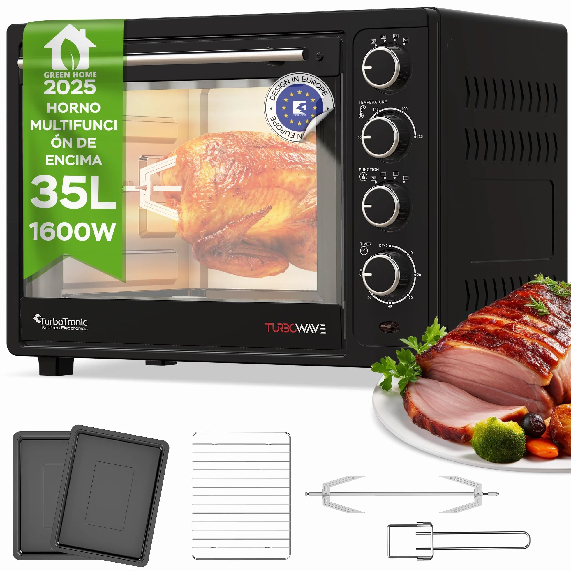 TurboTronic Horno de Convección 35L 1600W con Asador Giratorio, Sobremesa Compacto, 2 Bandejas