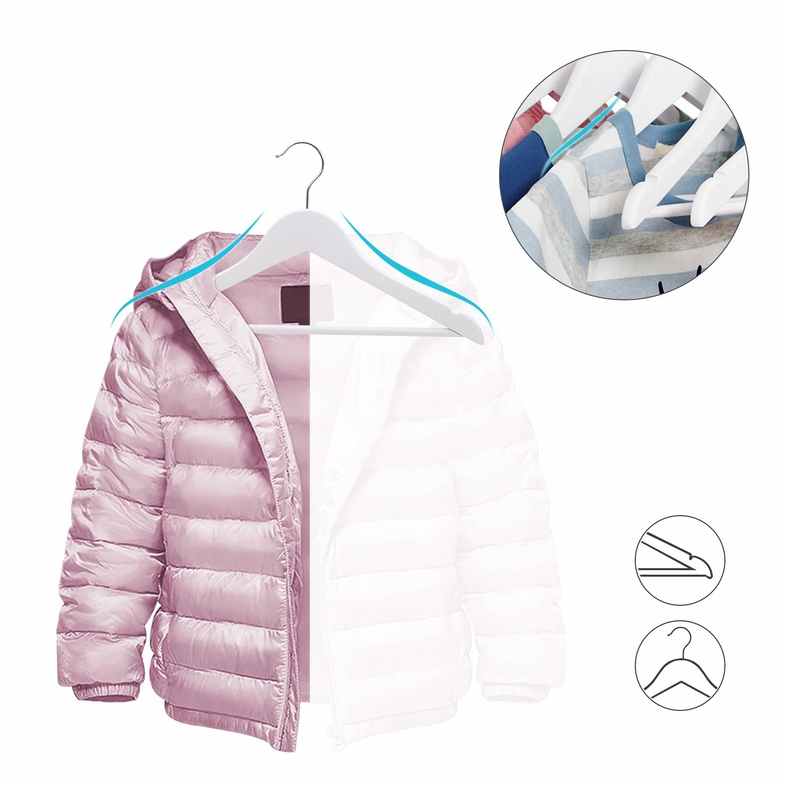 SONGMICS Juego de 20 Perchas para Niños de Madera Maciza, para Ropa Infantil, con Barra de Pantalones, Muescas en Hombros, Ganchos Giratorios, 35 cm Largo, Blanco y Plata CRW06W-20