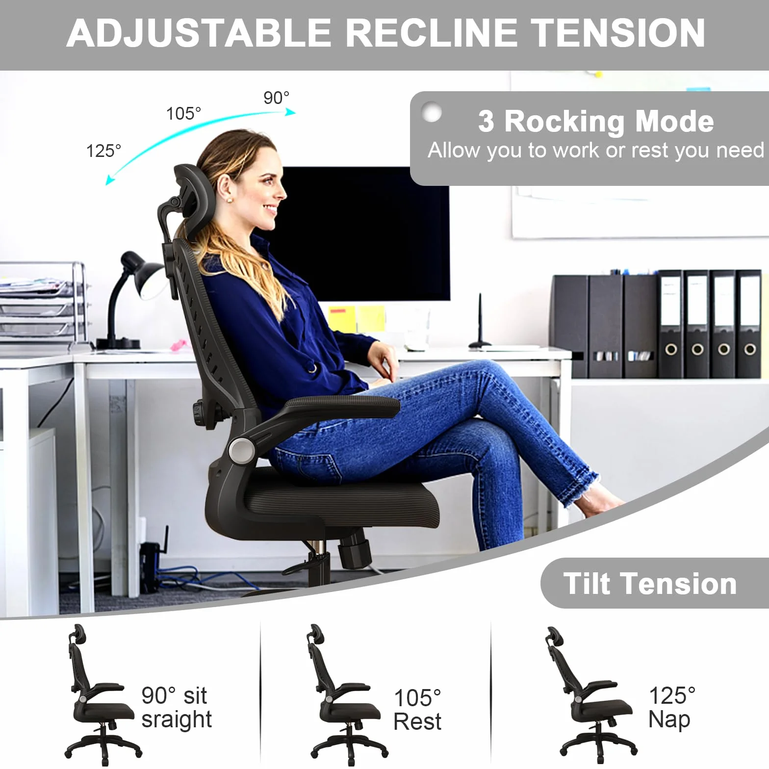 LEVIPE Silla de Oficina Ergonómica con Soporte Lumbar, Reposabrazos y Reposacabezas Ajustable, Respaldo Alto Giratoria
