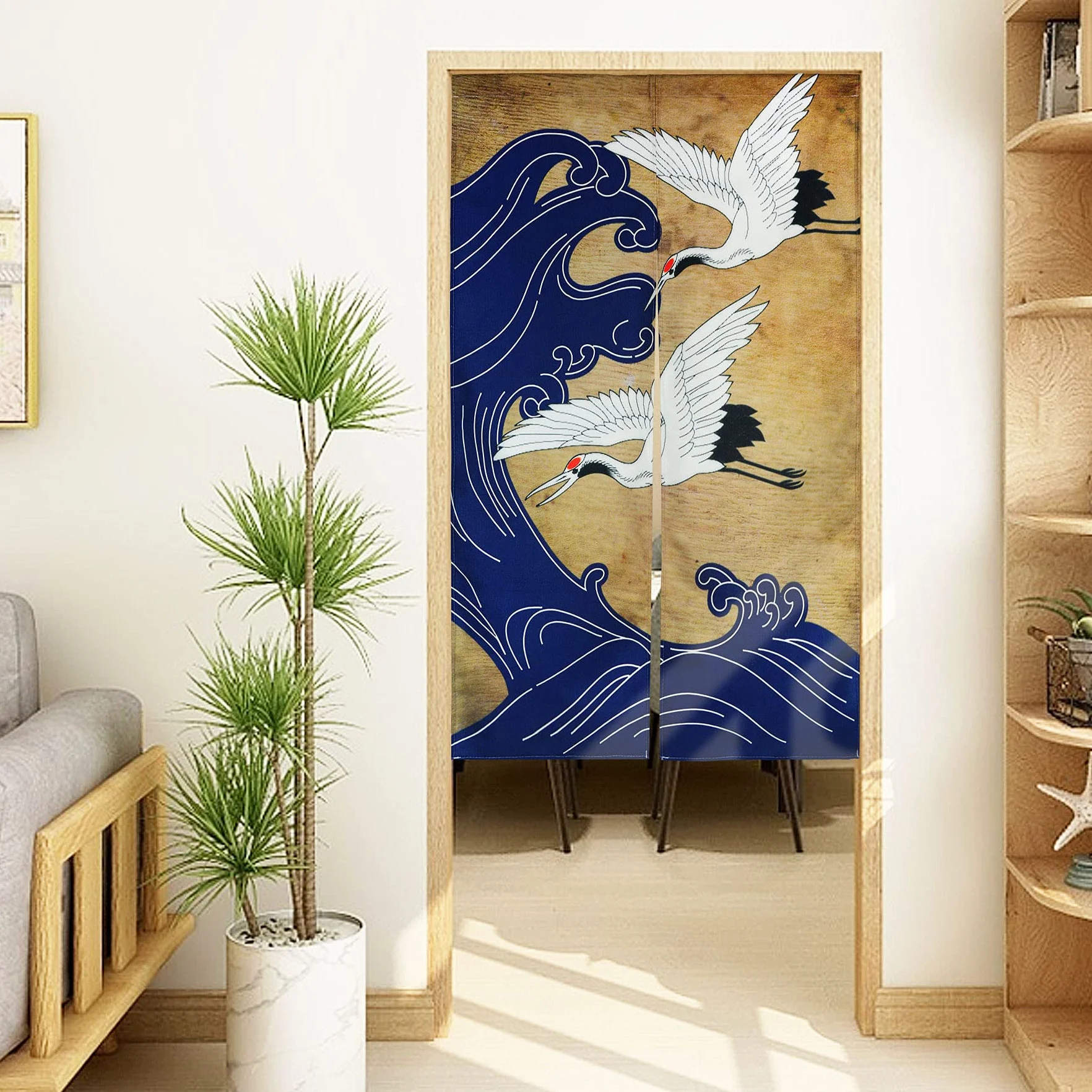 LIGICKY Cortina Retro Japonesa Noren de Lino Blanco con diseño de Ondas Azules para Ventana asiática para Colgar en la Puerta de Sushi, Cocina, decoración del hogar, 85 x 150 cm