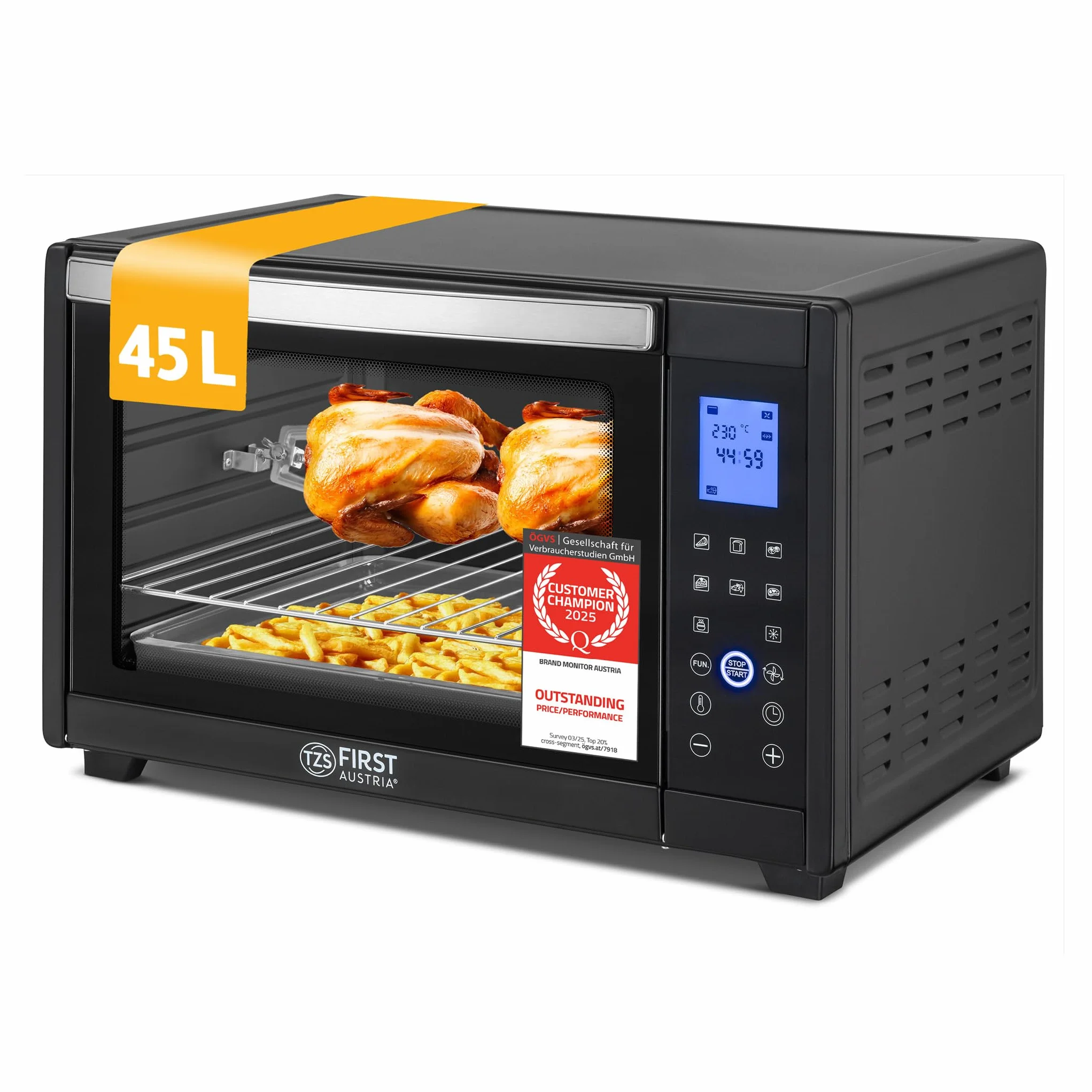 TZS First Austria Mini Horno 45L 2000W con Premium-X Coating – Minihorno Digital hasta 230°C & 4 Alturas – Temporizador de 180 Min & 8 Modos – Incl. Asador Giratorio – Para cocinas pequeñas & camping