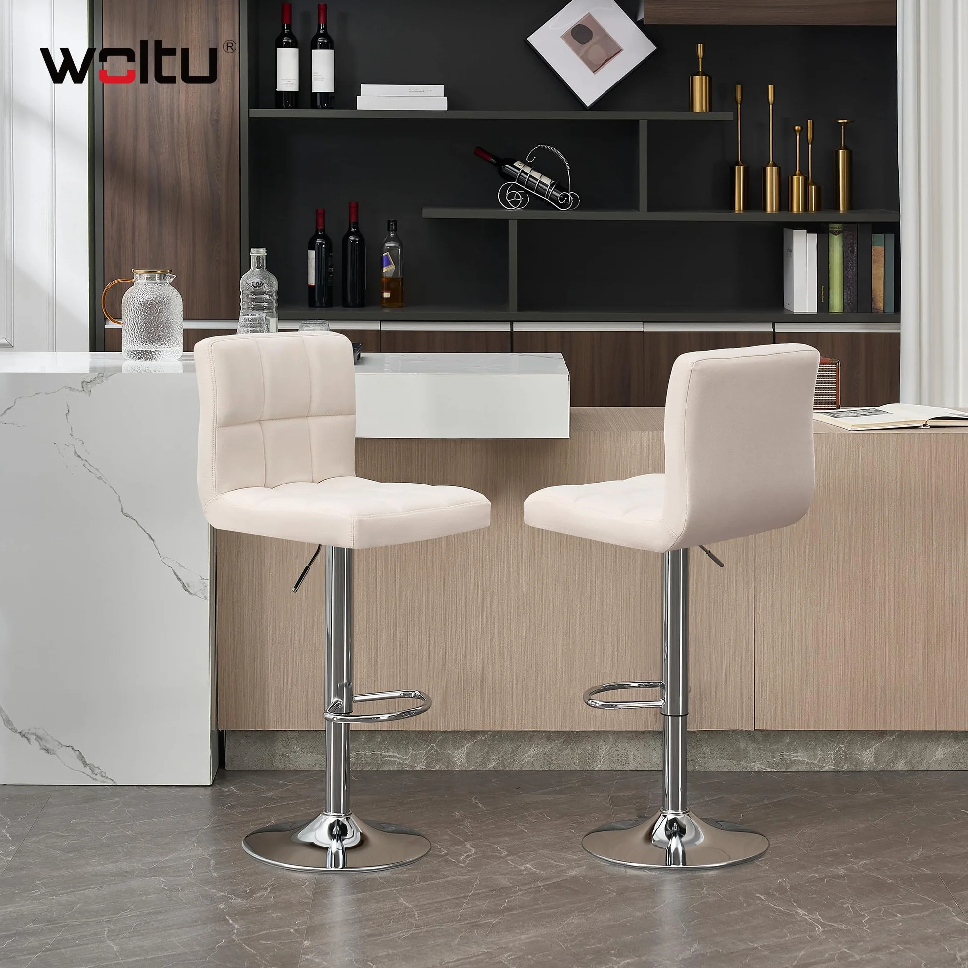 WOLTU 2X Taburete de Bar Silla de Bar Lino Muebles Cocina Taburete Alto Regulable en Altura con Respaldo Sillas Alta Taburetes Tapizado Crema