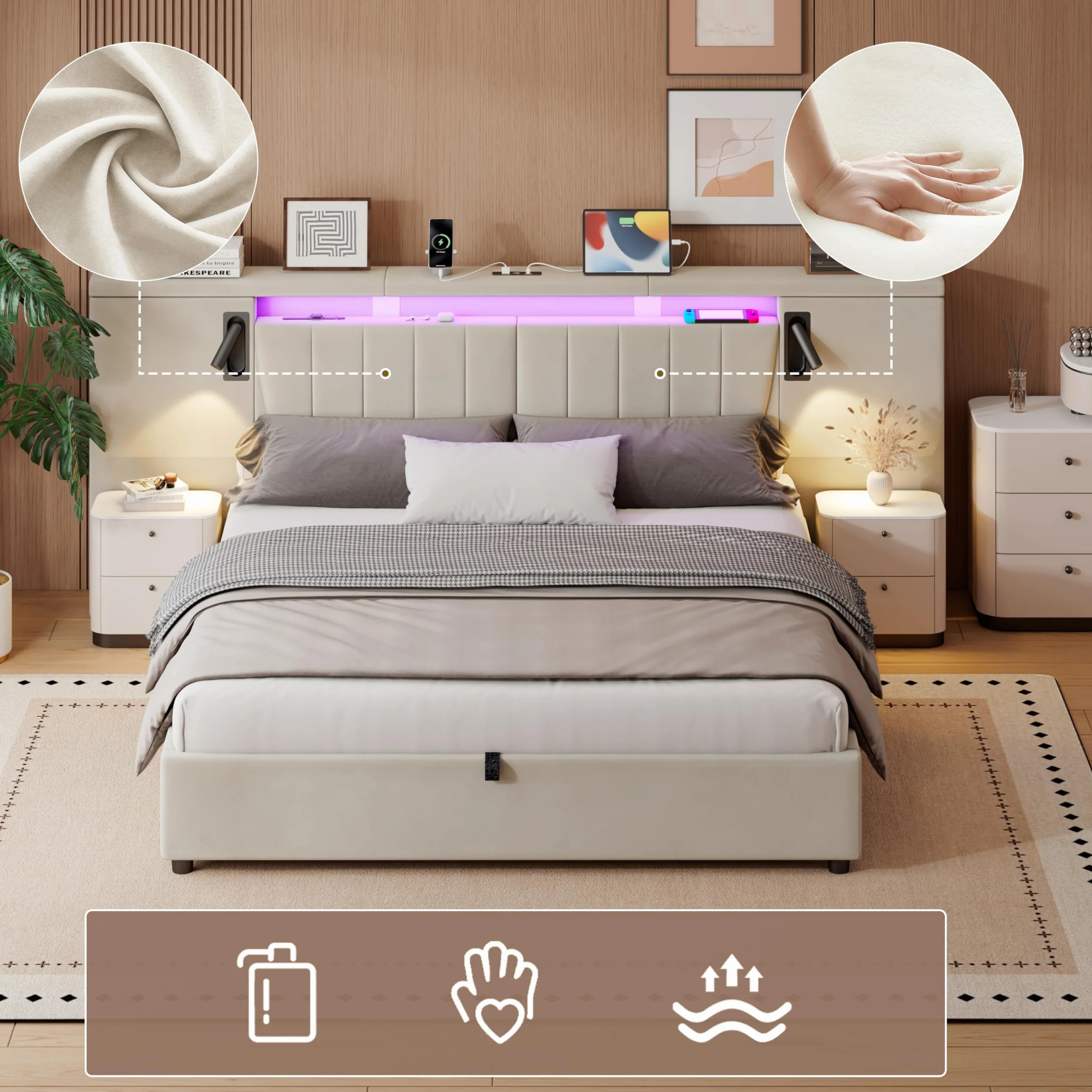 Cama 180x200 Camas Matrimoniales con Almacenaje, Cama Matrimonio con LED y Cabecero, Cama Canape con USB y lámpara de Lectura, Estructura Cama Doble con Somier, Sin Colchón, Terciopelo Beige
