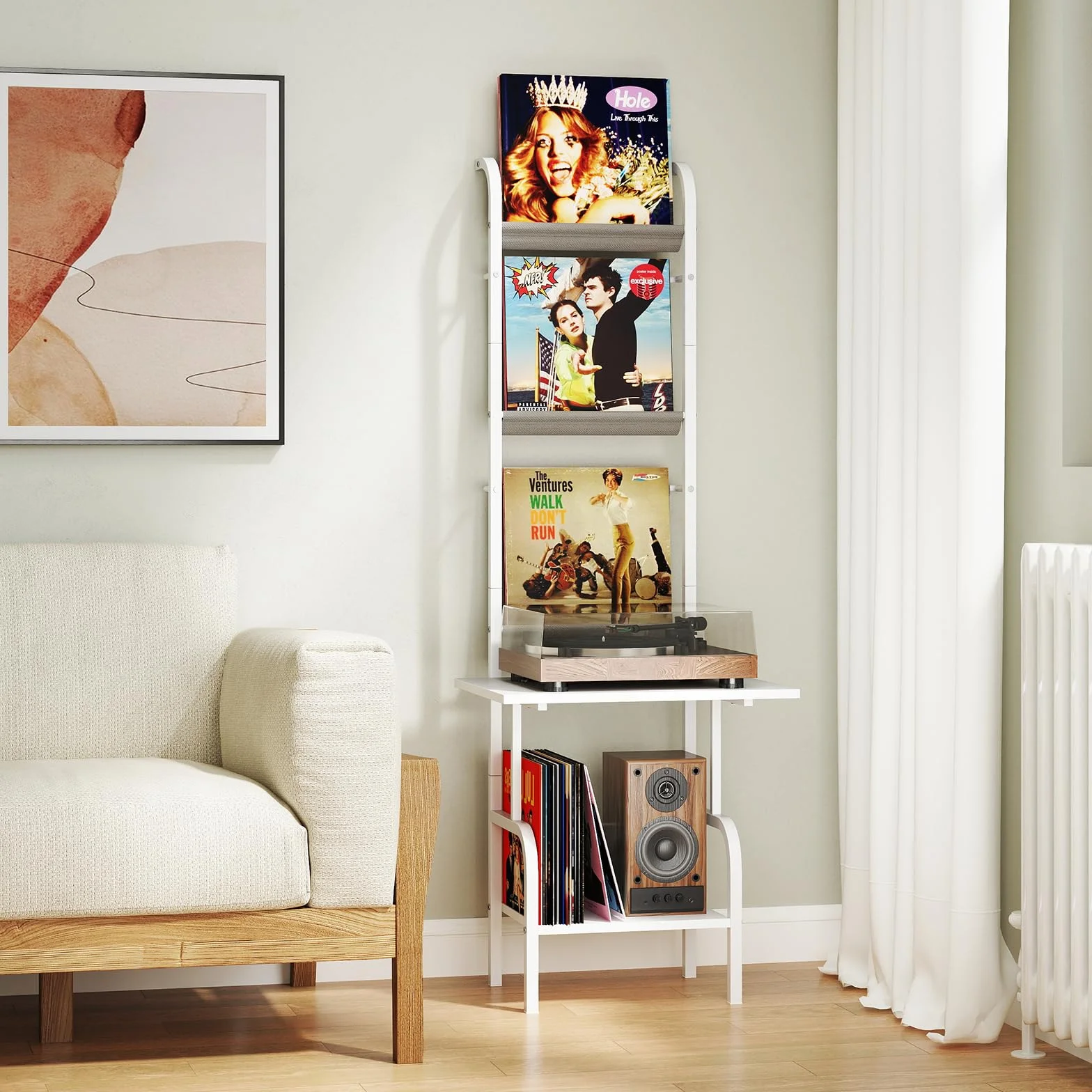 GOPLUS Soporte para Tocadiscos con Almacenamiento de 5 Niveles, Estantería Organizador para Vinilos con Juegos Antivuelco, Soporte para Tocadiscos con 3 Estantes para Discos de Vinilo (Blanco)