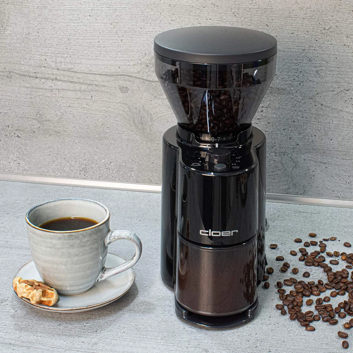 Cloer 7520 Molinillo de café eléctrico con amoladora de rebabas cónicas, 2-12 tazas, 300 g granos de café, 150 vatios, grado de molienda ajustable, negro