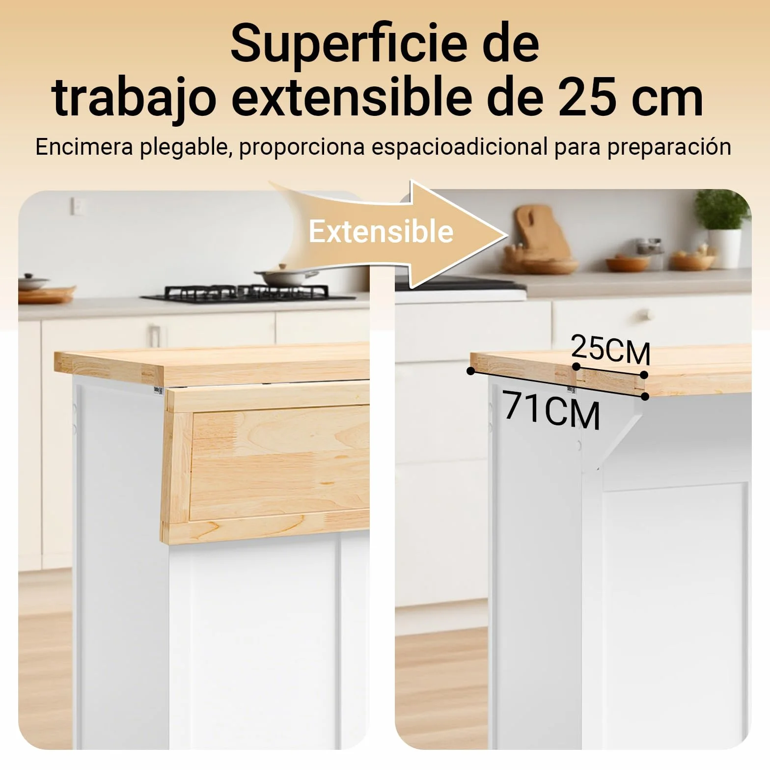 SoBuy Isla Cocina con Ruedas Carrito de Cocina con encimera Extensible Isla de Cocina móvil con Mesa Auxiliar de Cocina con Ruedas Blanco 115x92x(46-71) cm FKW71-III-WN