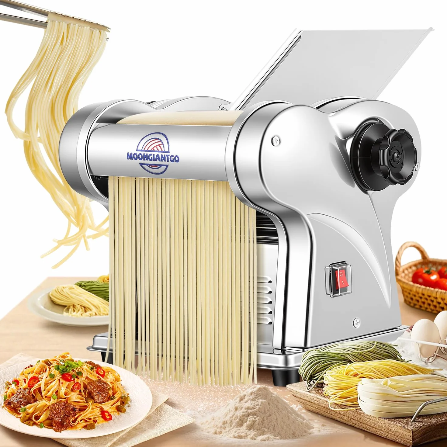 Moongiantgo Máquina de Pasta Fresca Eléctrica Acero Inox con 2 Cuchillas de 1.5 y 4mm, 9 Marchas de Grosor Ajustable para Fideos Espaguetis Raviolis