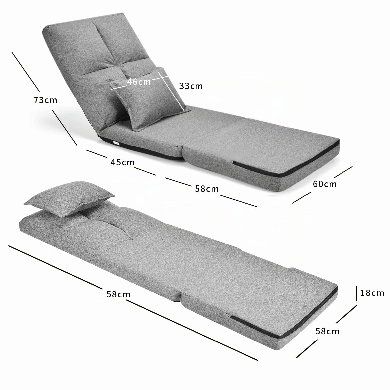 GOPLUS Sofá de Suelo Ajustable en 5 Posiciones, Silla Plegable, Sofá Convertible 1 Plaza, Silla Perezosa para Salón, Oficina, 176 x 61 x 18 cm, Carga 100 kg (Gris)
