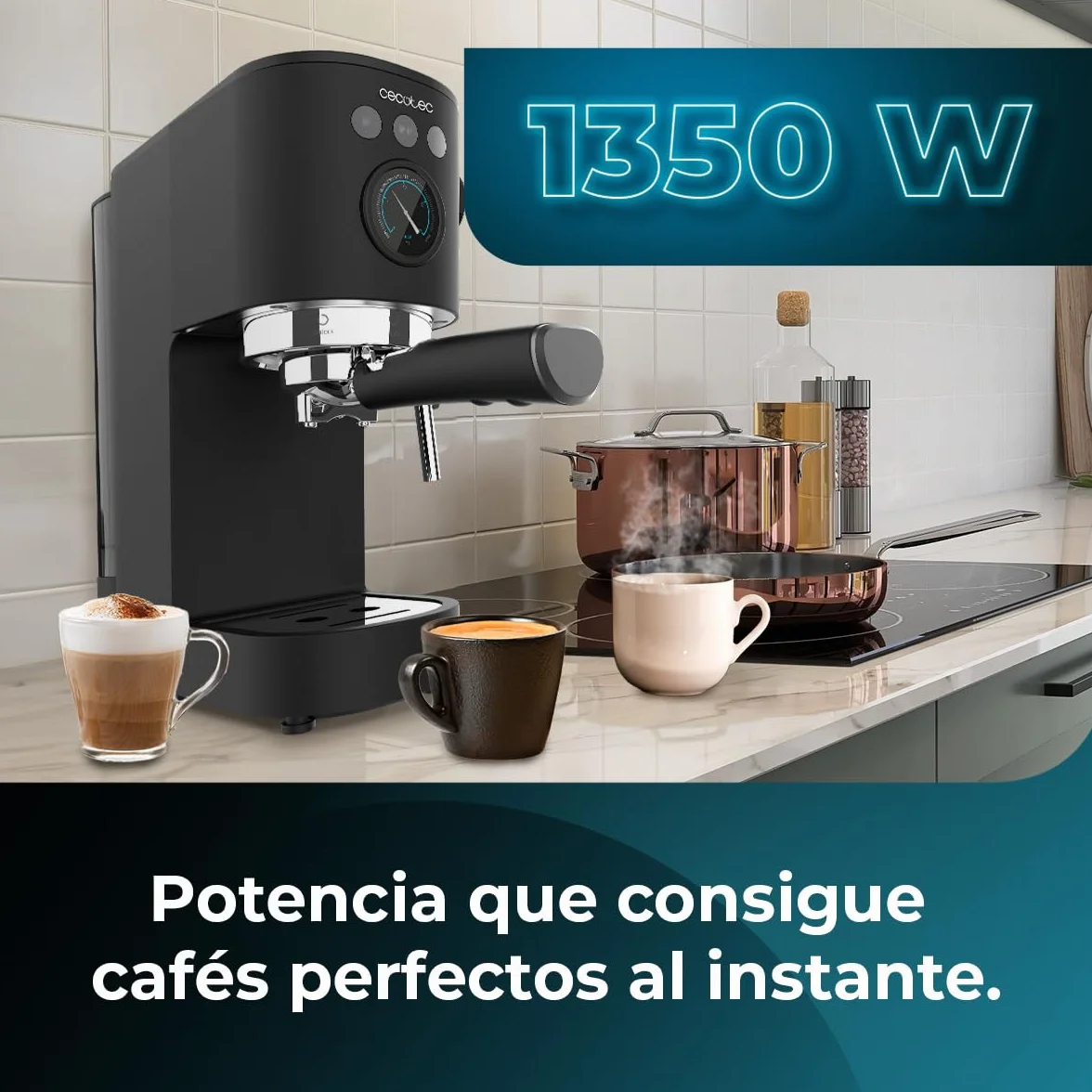 Cecotec Cafetera Express Cafelizzia Fast Pro. 1350 W, Thermoblock, ForceAroma de 20bars, Vaporizador Orientable, Brazo Doble, Bandeja Calienta Tazas, Depósito de Agua Extraíble