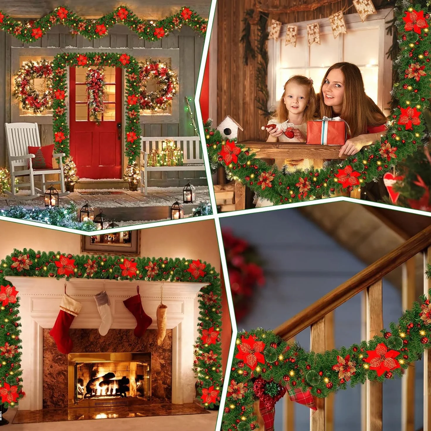 SHAVINGFUN Guirnalda de Navidad Con Luces - Flores Artificiales Decoración de 9 ft, Verde para Escaleras y Chimeneas Navideñas