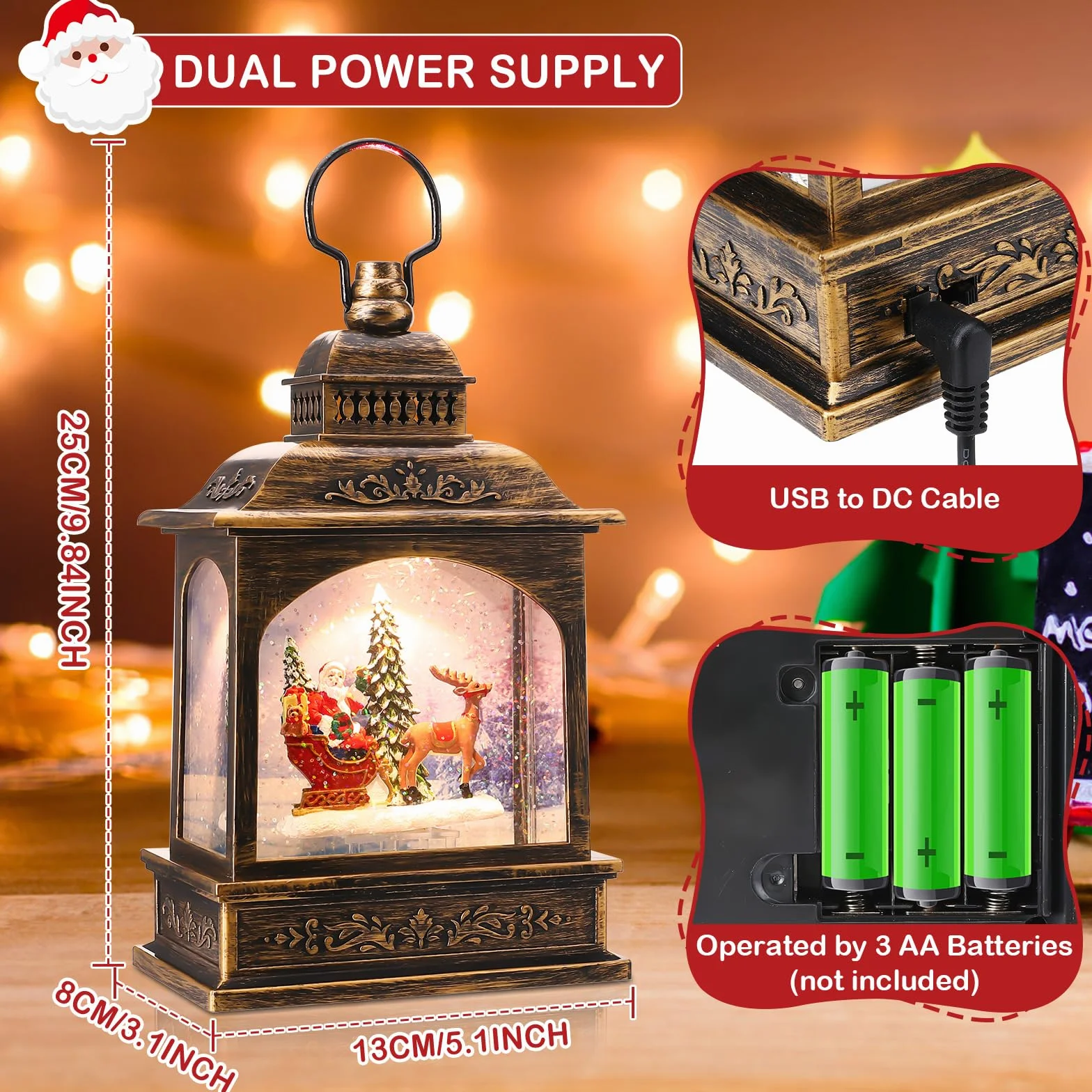 Coikes Linterna Navidad de Musical con Proyección Linternas de Globo Iluminado Xmas Water Lantern Linterna de Papá Noel con Purpurina Faroles de Navidad Decoraciones de Navidad