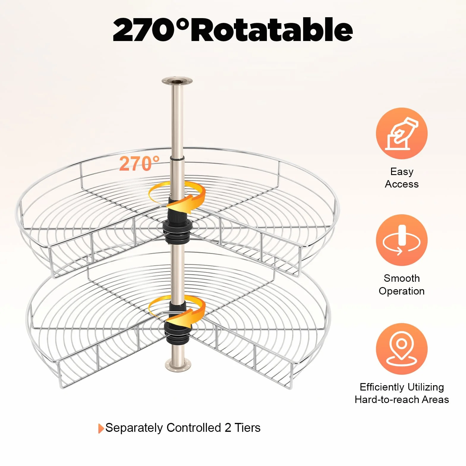 Organizador de armario de esquina, extensible, giratorio a 270°, con 2 cestas ajustables en altura y cierre suave, en acero inoxidable, máx. 16 kg por cesta, para armarios de cocina ≥ 80 x 80 cm