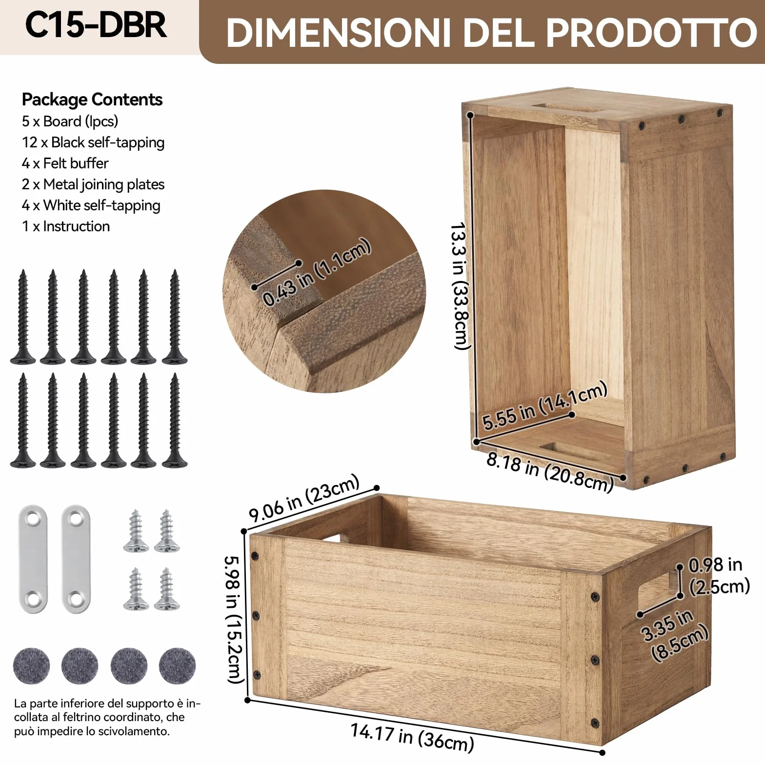 KIRIGEN Cesta de almacenamiento apilable de madera, organizador C15 marrón