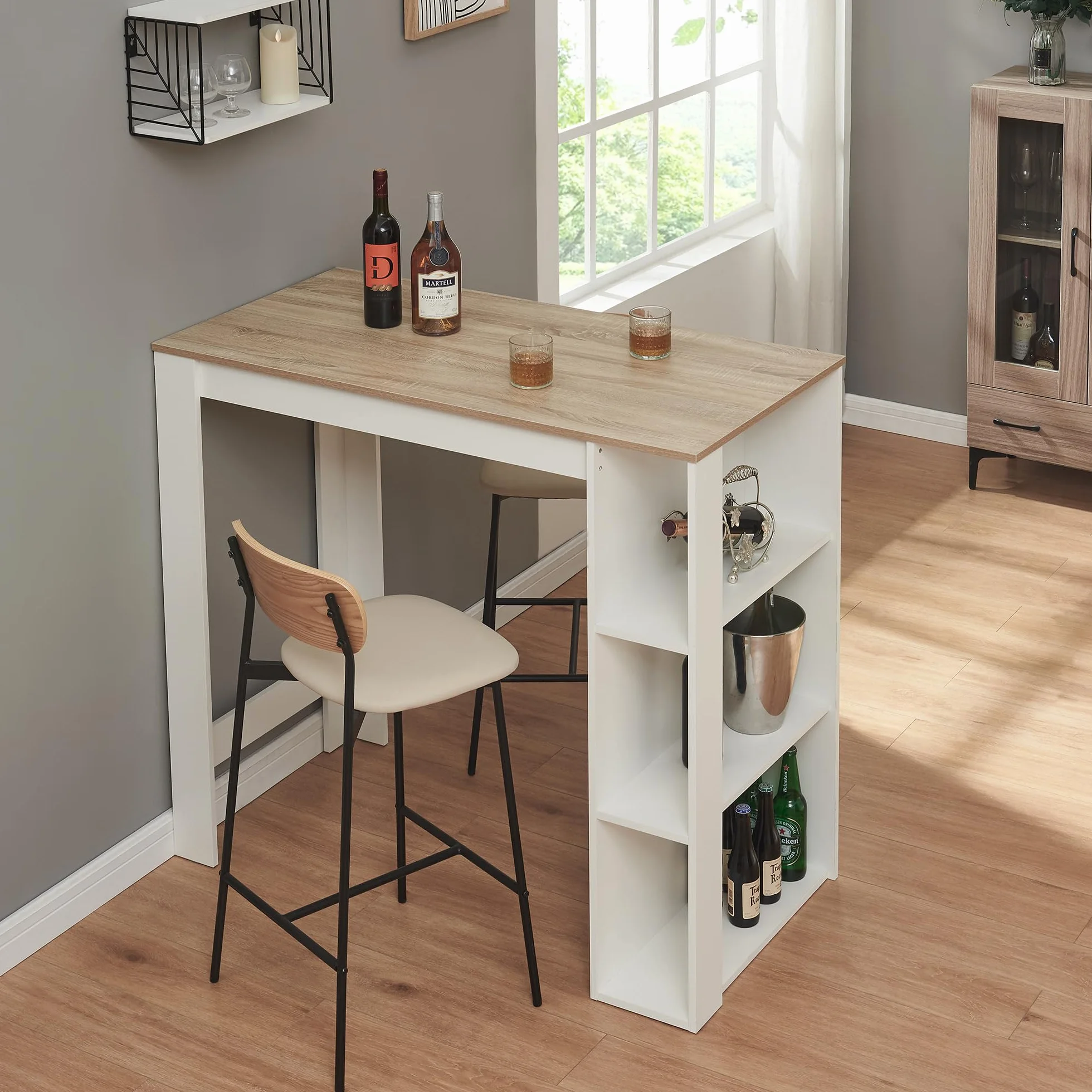 [en.casa] Mesa Alta Cocina Danderyd Mesa de Bar Moderna con 3 Estantes Laterales para Comedor Oficina en Casa Aglomerado 120 x 60 x 106 cm - Blanco/Efecto Roble