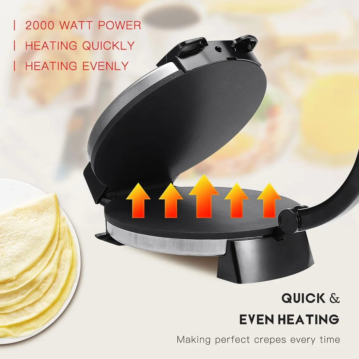 Chapati Maker eléctrico, Máquina for prensar tortillas Roti Maker de 1800 W, máquina automática antiadherente con temperatura ajustable, con placa de cocción de 10'' y calentamiento de doble cara