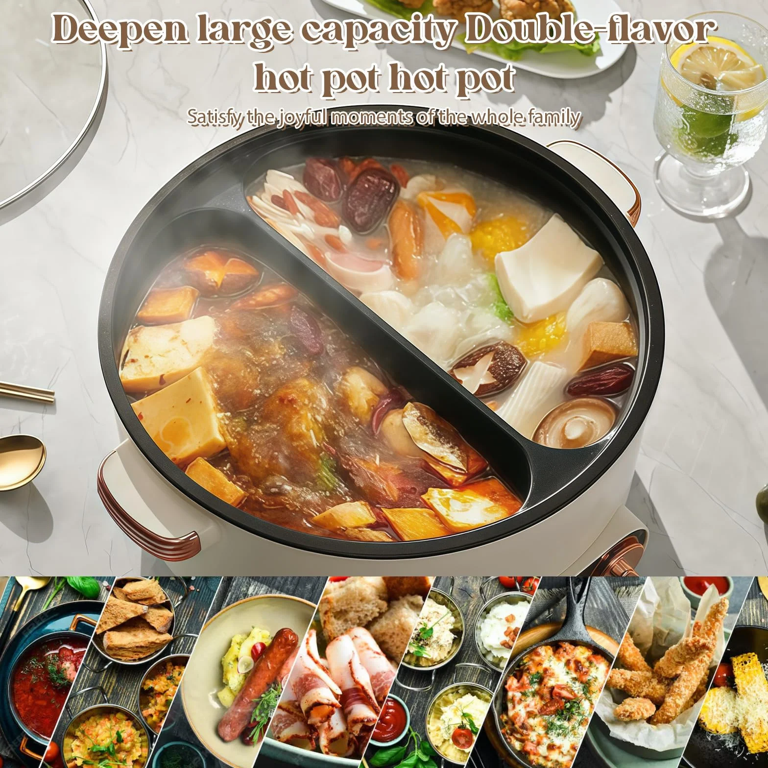 Hot Pot Olla Eléctrica 5.5L 1600W Multifuncional Antiadherente con Doble Botón Rotativo