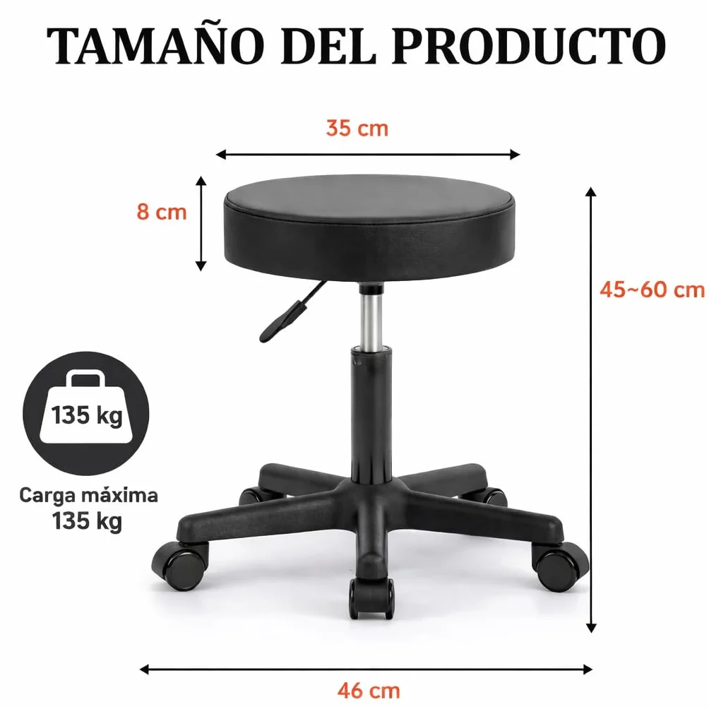 Taburete Giratorio Profesional Ajustable 45-60 cm 135 kg Giro 360° con Ruedas Asiento Acolchado
