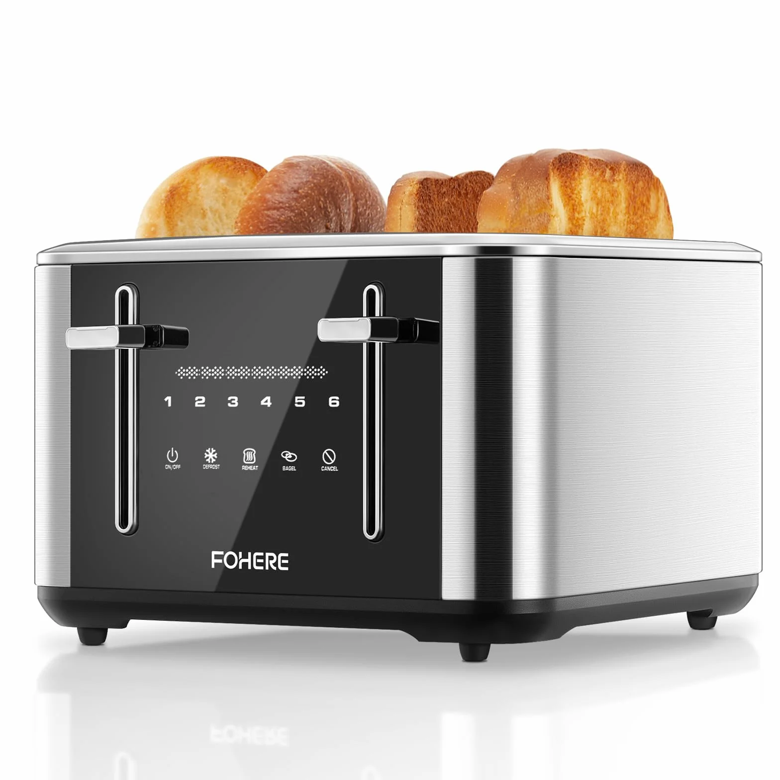 FOHERE Tostadora 4 Rebanadas, Pantalla Táctil LED, 6 Niveles Tostado | Función Recalentar y Descongelar, Bandeja Recogemigas Extraíble, Cuerpo de Acero Inoxidable, 1600W
