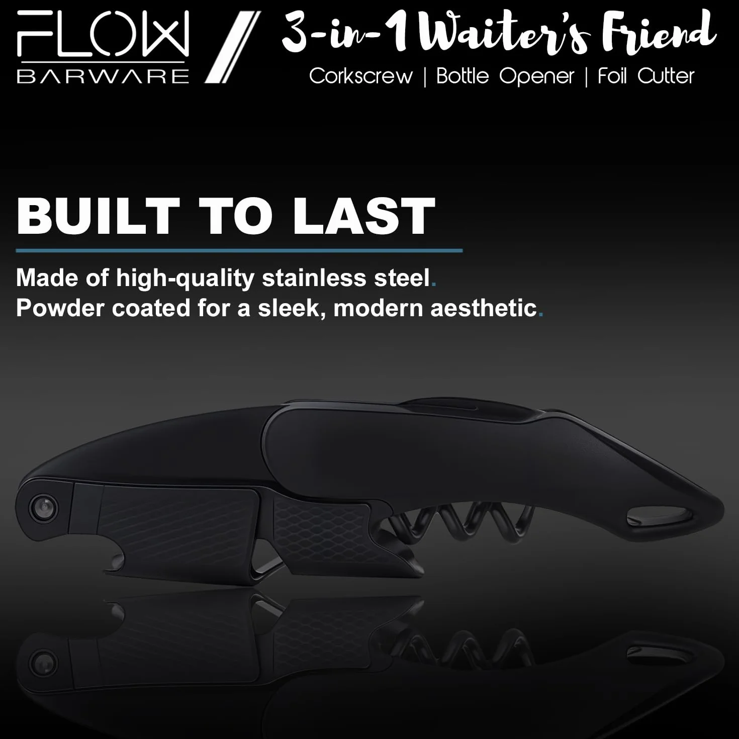 FLOW Barware Sacacorchos 3 en 1, Abrebotellas y Cortador de Aluminio, Abridor de Vino Multiusos, Negro