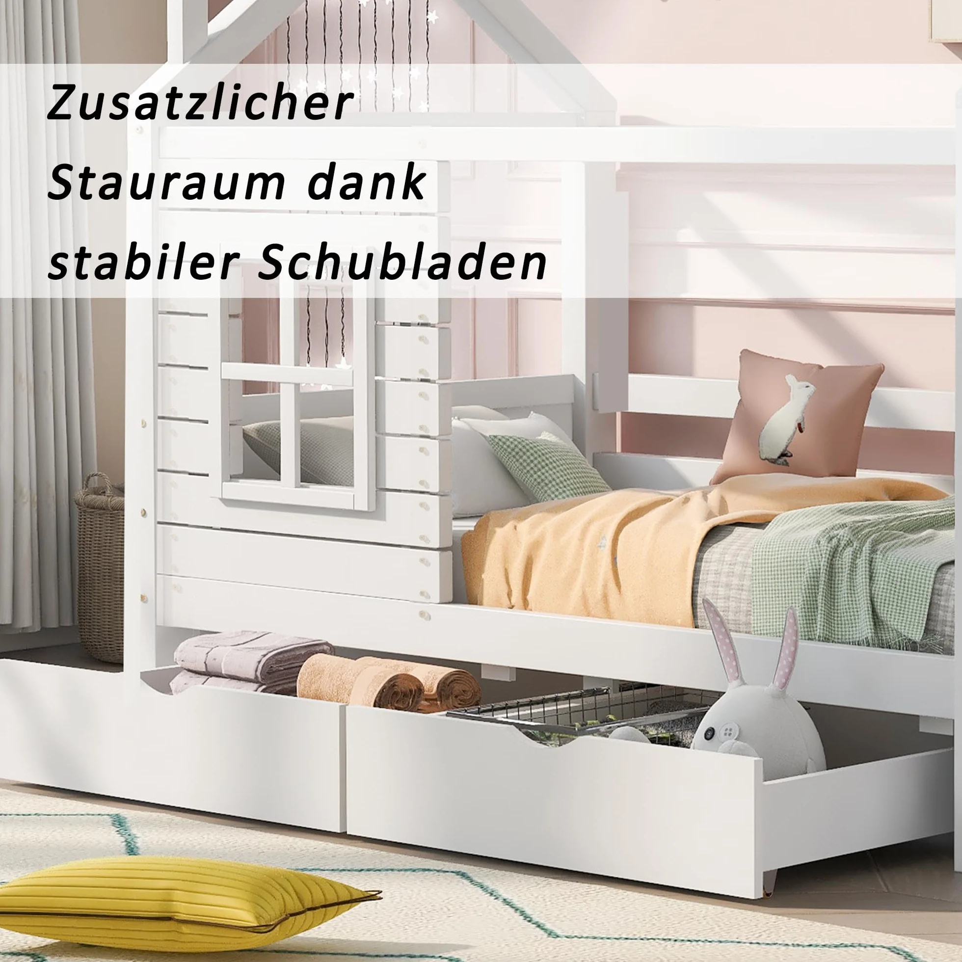 Cama infantil de 90 x 200 cm, con protección anticaídas, versátil, madera maciza, cama con ventana y somier, color blanco