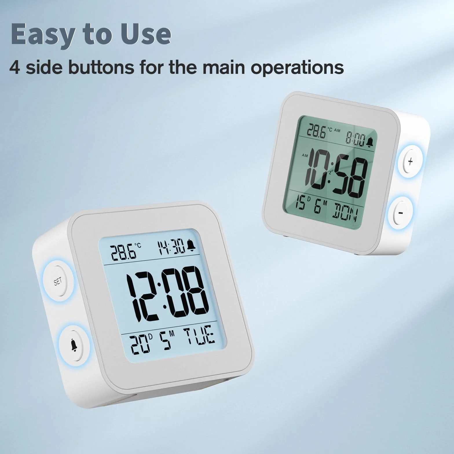 LATEC Reloj Despertador Digital con Temperatura, Retroiluminación, 12/24H, Snooze, Calendario, Pilas Incluidas, Blanco