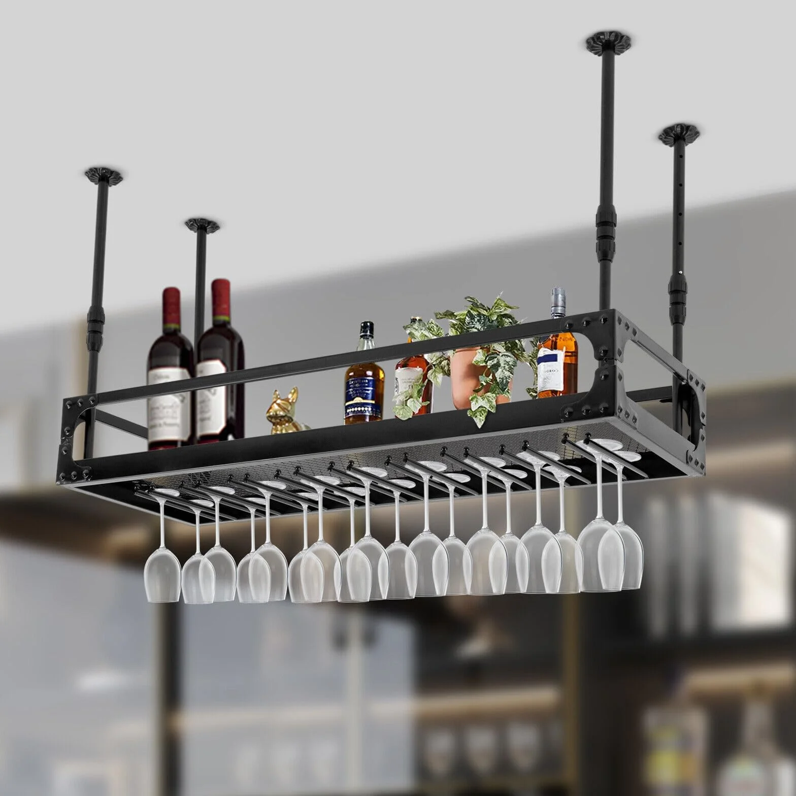 Étagère plafond - Porte-bouteilles Vin - Rétro - Décoration Fer - Hauteur réglable - Jusqu'à 50 kg - Bar, café, Cuisine - Noir (100 x 35 x 35-55 cm)