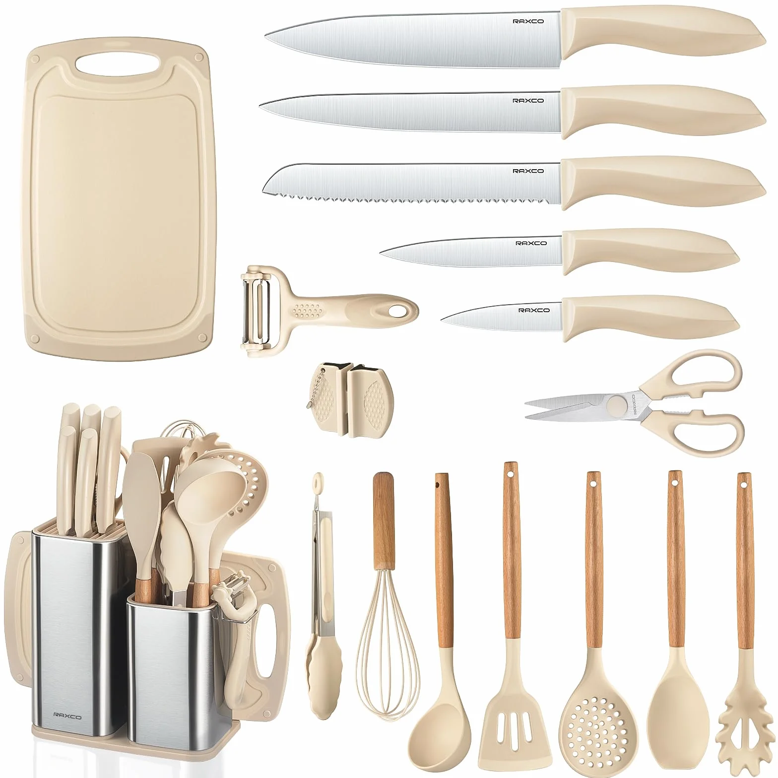 RAXCO Juego de cuchillos de cocina de acero inoxidable de 18 piezas con bloque y afilador