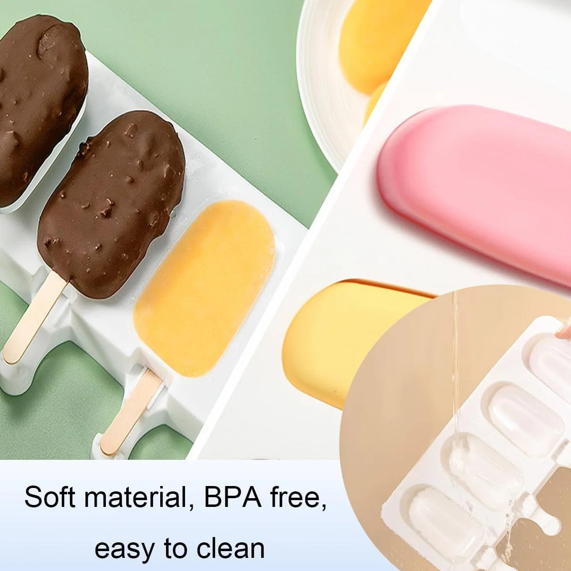 Moldes Helados Silicona sin BPA, 3 Piezas, con 100 Palos de Madera, Bolsas y Tiras