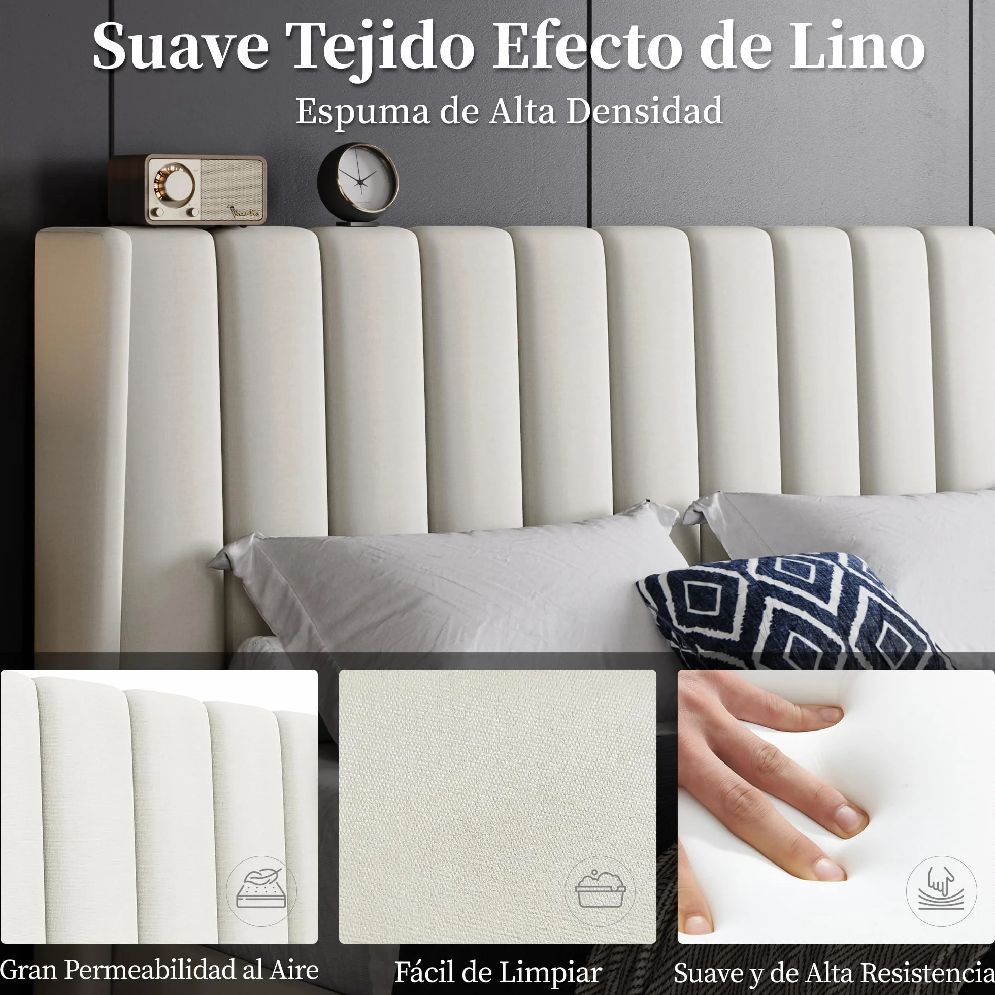 Cama tapizada 160 x 200 cm Cabecero a Rayas con Alas Láminas de Madera y Metal Beige