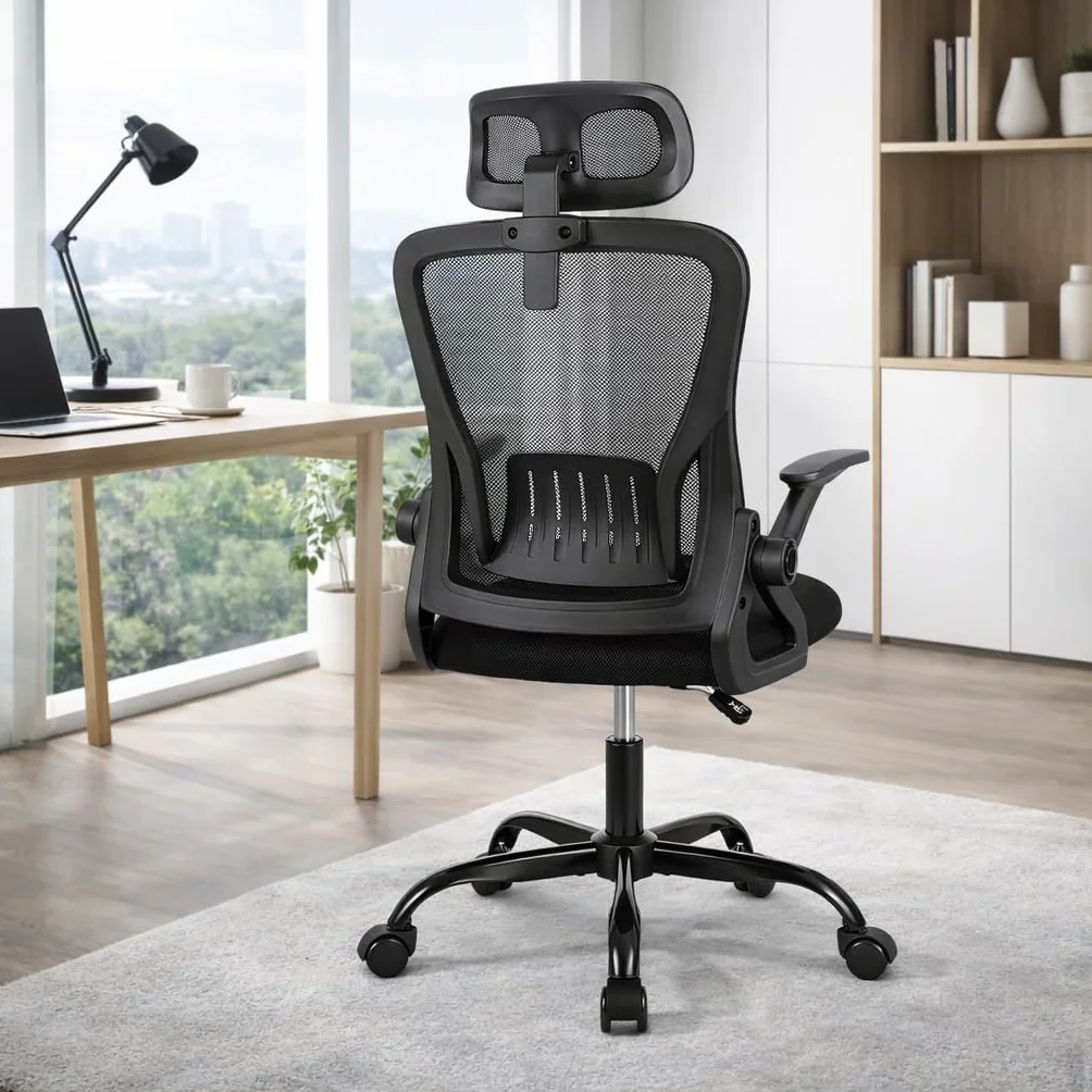 Silla de Oficina Ergonómica con Ruedas Reposacabezas Reposabrazos Ajustables Soporte Lumbar Respaldo de Malla Transpirable Altura Regulable